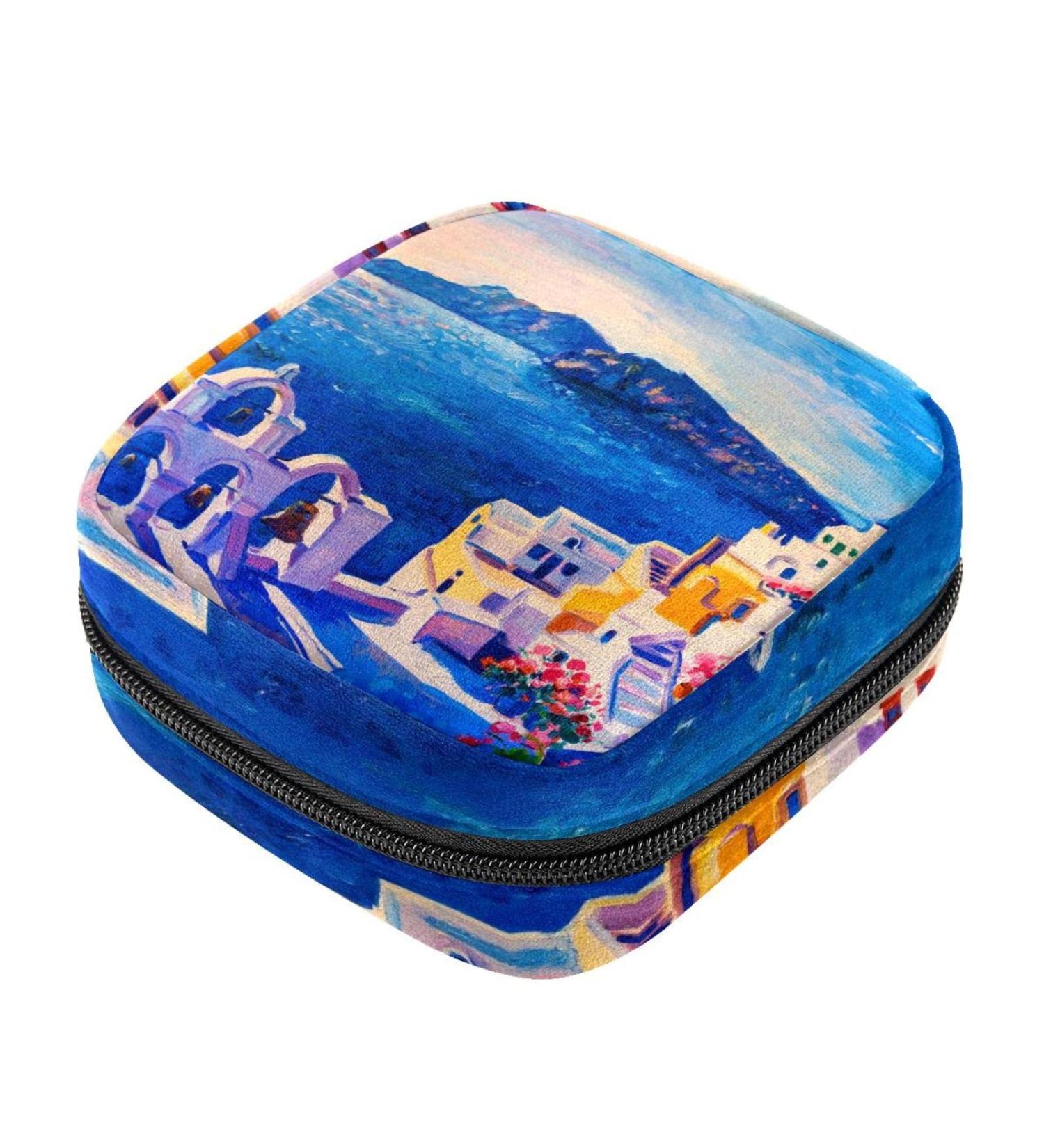Menstruation Pad Bag with Zipper | Women's Napkin & Tampon Collection Bag | Unique Greece Island Art Design - Buy Online on GoSupps.com