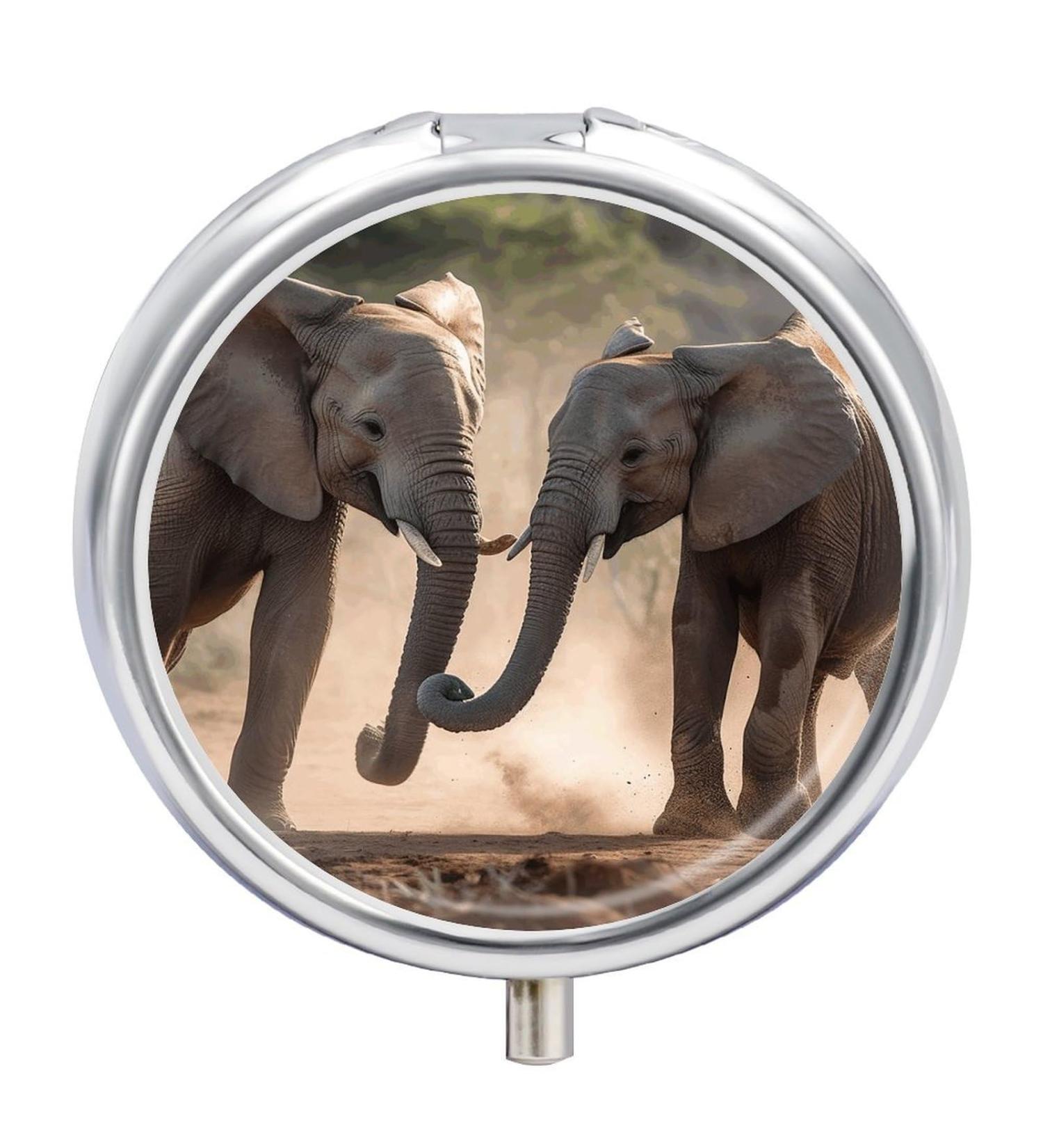 Round Pill Box with Elephants | 3 Compartment Decorative Medicine Organizer | Portable Metal Pocket Pill Case - Style-8 - Buy Online on GoSupps.com
