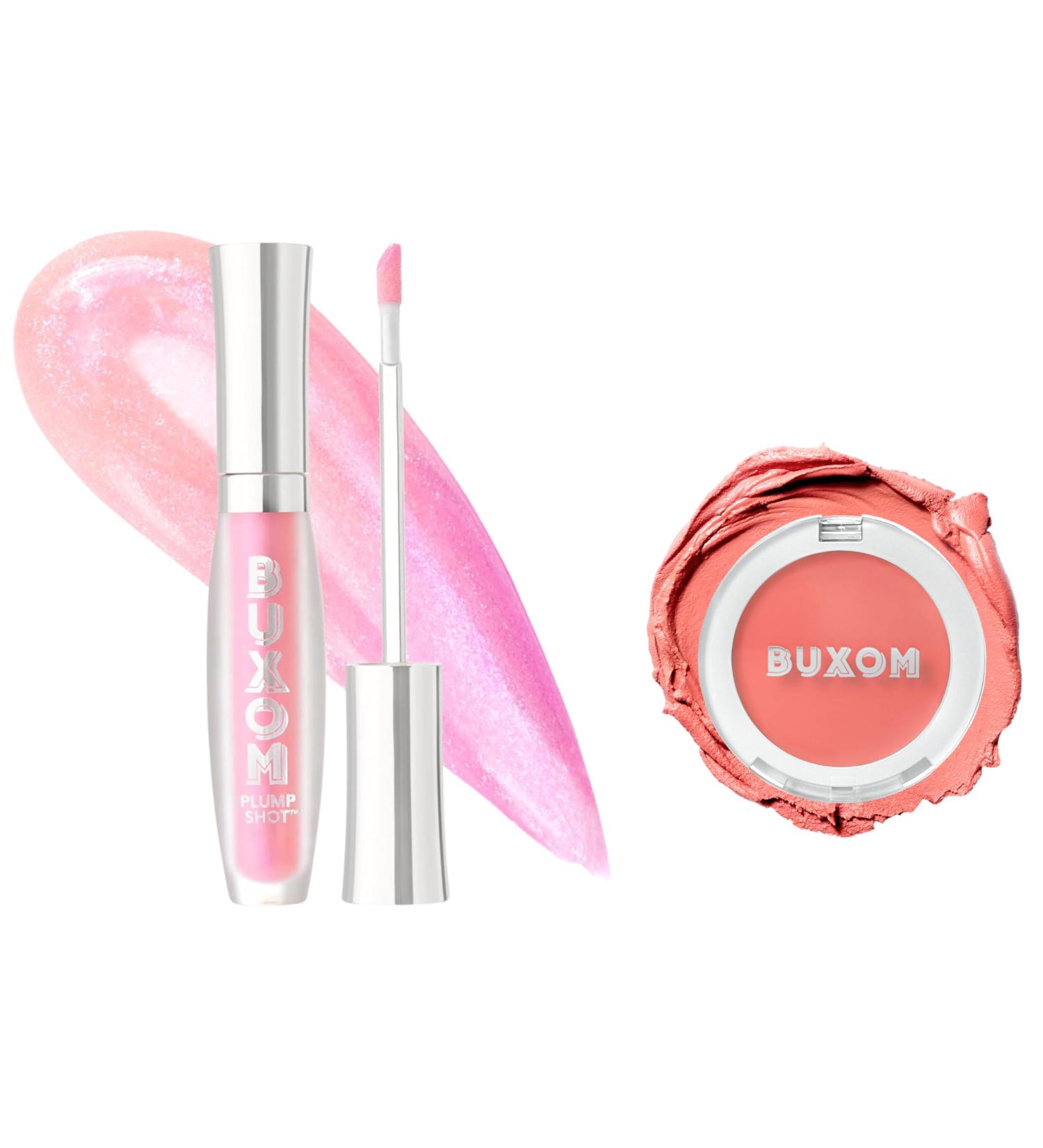 Buxom Plump Shot Collagen-Infused Lip Serum in Spellbound Pink Multichrome + Plump Shot Collagen Peptides Plumping Cream Blush Cream-to-Powder Blush in shade Coral Sheer - Buy Online on GoSupps.com