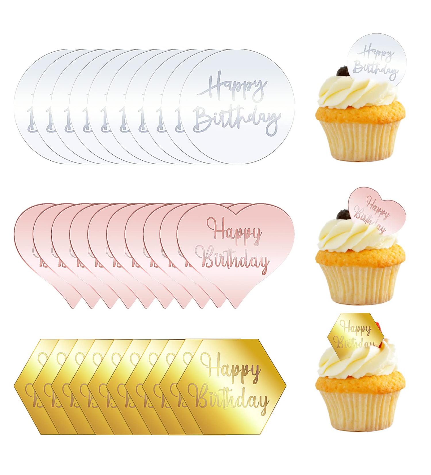 30 PCS Mirror Acrylic Cupcake Topper Gold Hexagon Silver Round and Rose Gold Heart Happy Birthday Cake Toppers Birthday Party DIY Dessert Cup Cupcake Decoration - Buy Online on GoSupps.com