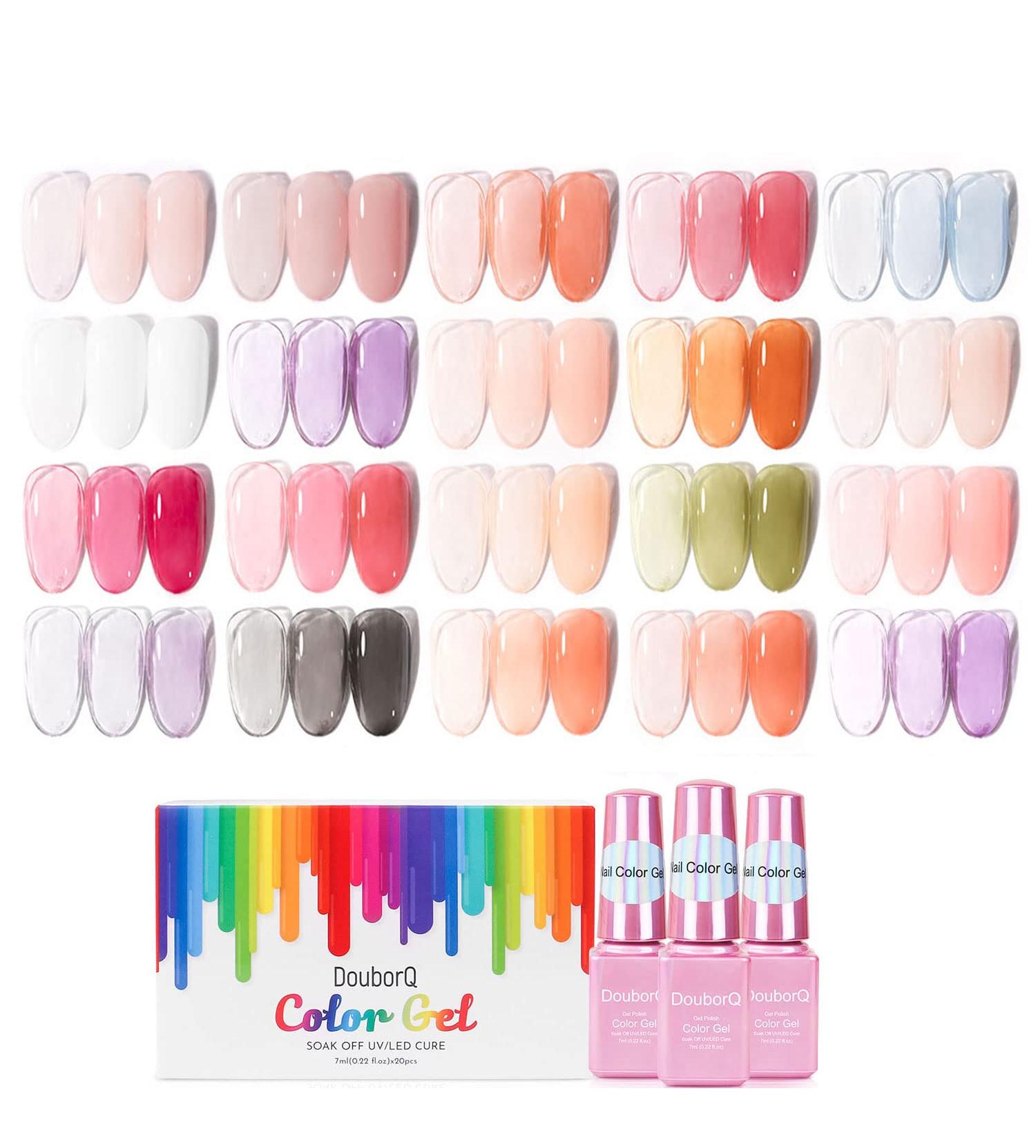 DouborQ 20 Colors Jelly Crystal Gel Nail Polish Set Nude Pink Red Purple White Black Green Orange Gel Polish Kit Soak Off Nail Gel Polish for Girls (MULTICOLOR) - Buy Online on GoSupps.com