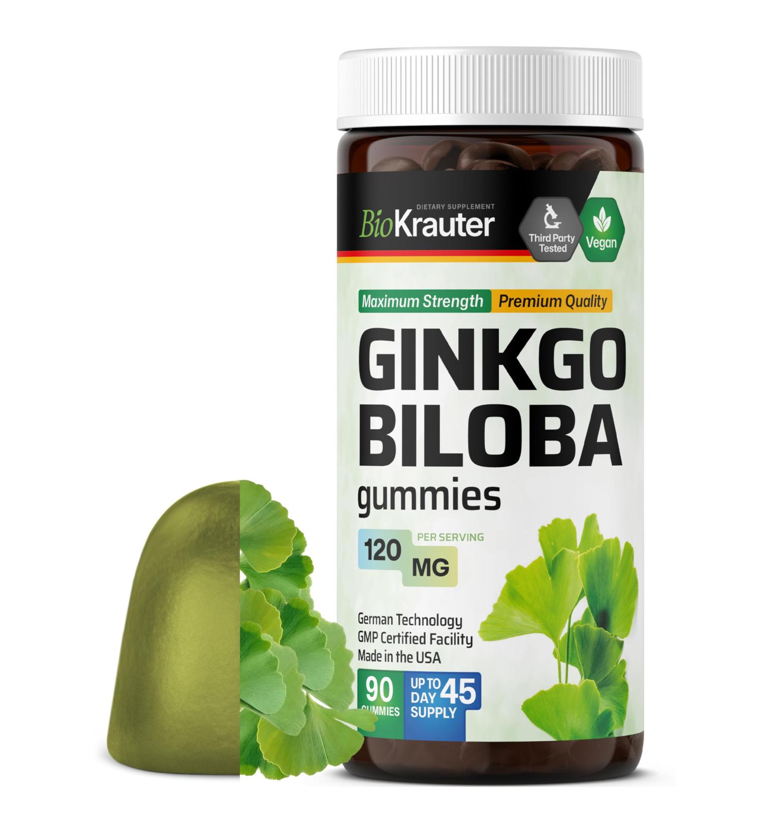 BIO KRAUTER Ginkgo Biloba Gummies - 90 Vegan Chews - Ginkgo Biloba Supplements for Brain Support - 120 mg Standardized Extract - Pectin-Based Formula - Buy Online on GoSupps.com
