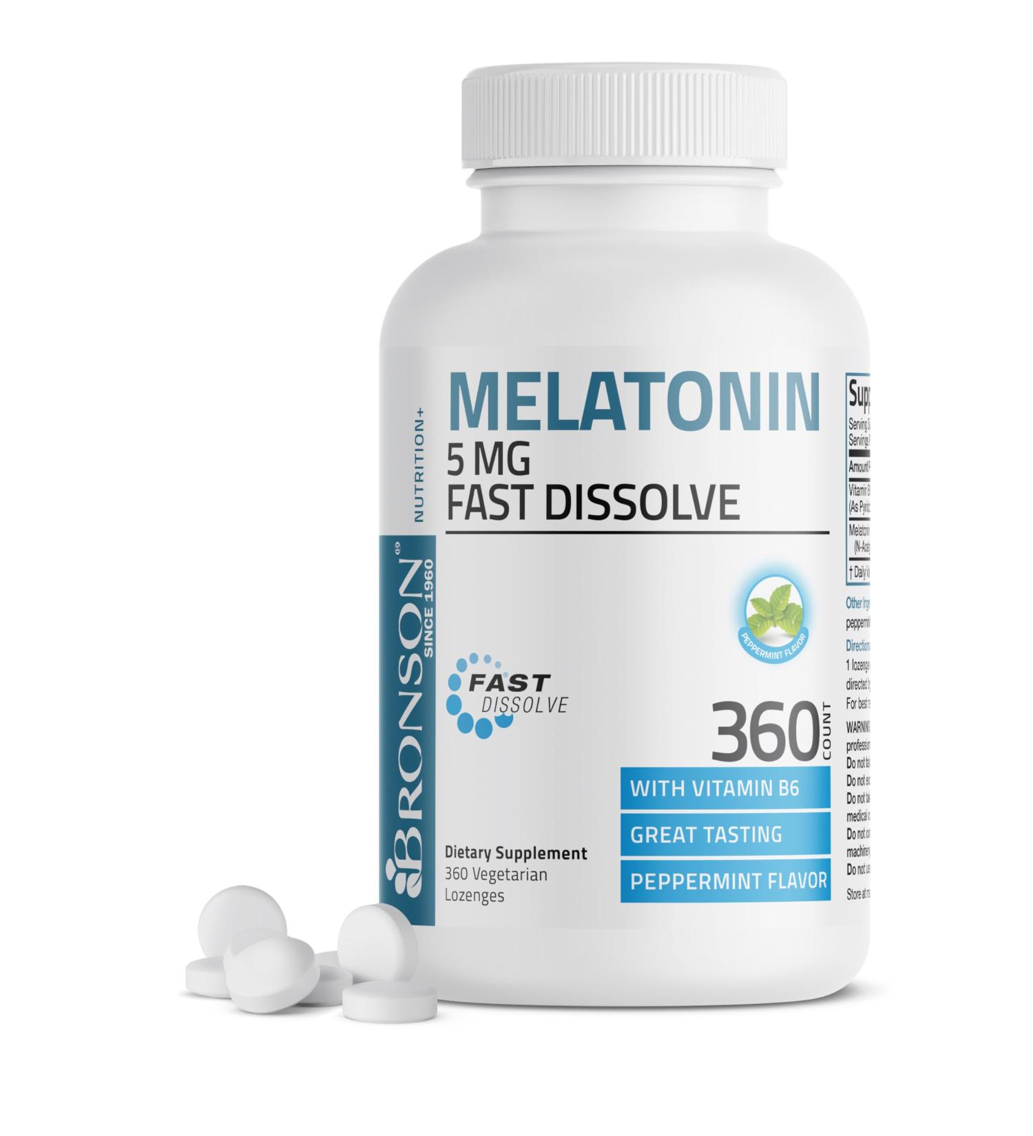 Bronson Melatonin 5mg Fast Dissolve Peppermint Tablets with Vitamin B6 - Promotes Relaxation, 360 Vegetarian Chewable Lozenges - Buy Online on GoSupps.com