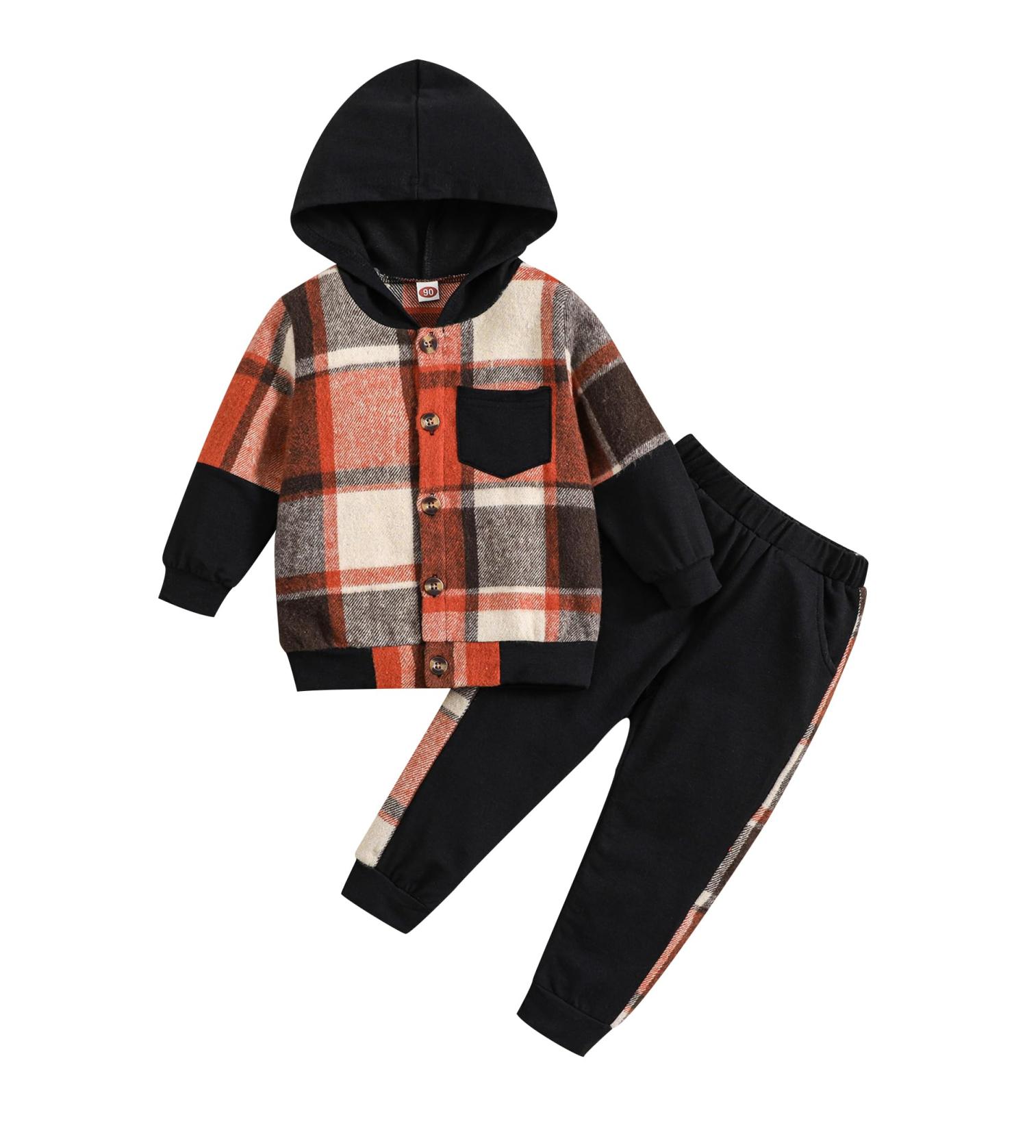 Qiraoxy Toddler Baby Boy Plaid Hoodie Sweatshirt Outfit Set, 1-2 Years Brown - Buy Online on GoSupps.com