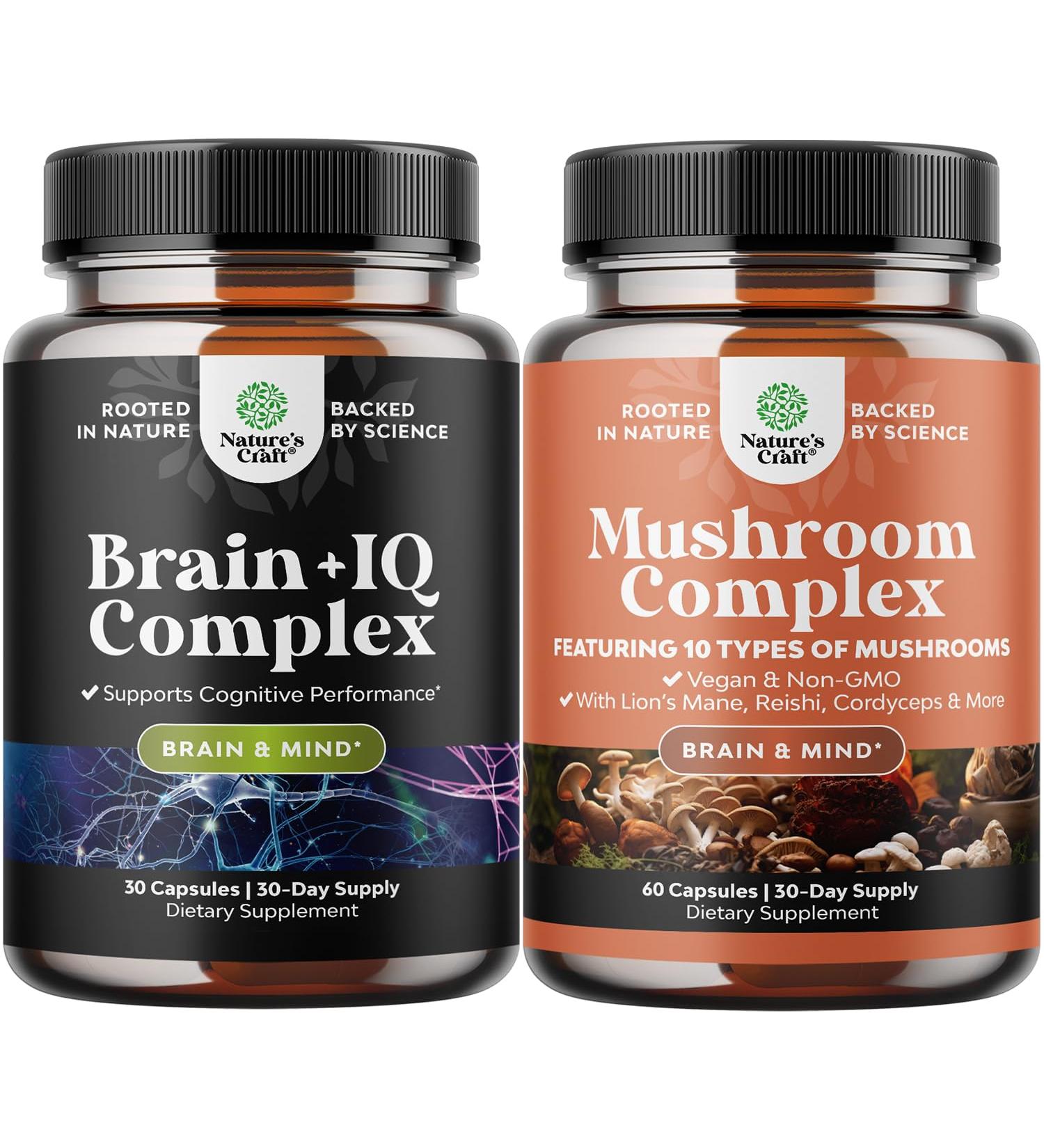 Bundle of Nootropic Memory Supplement with Vitamin B 12 Bacopa Monnieri Rhodiola Rosea DMAE Ginkgo Biloba and Mushroom Complex 10X Lions Mane with Reishi Chaga Maitake Shiitake for Brain Support - Buy Online on GoSupps.com