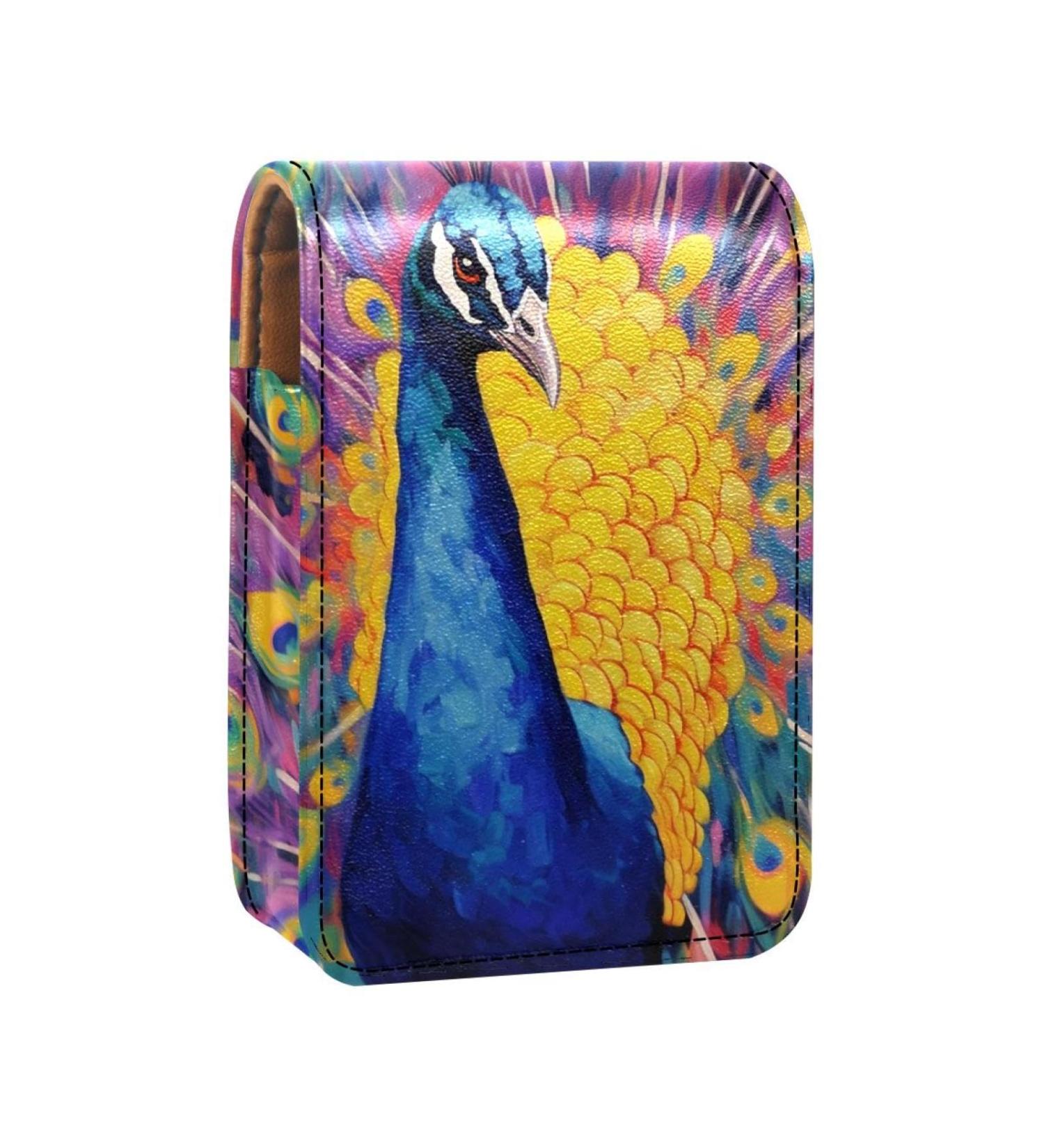 Travel Lipstick Organizer Case - Portable Makeup Bag with Mirror | Colorful Peacock Art Design - Buy Online on GoSupps.com