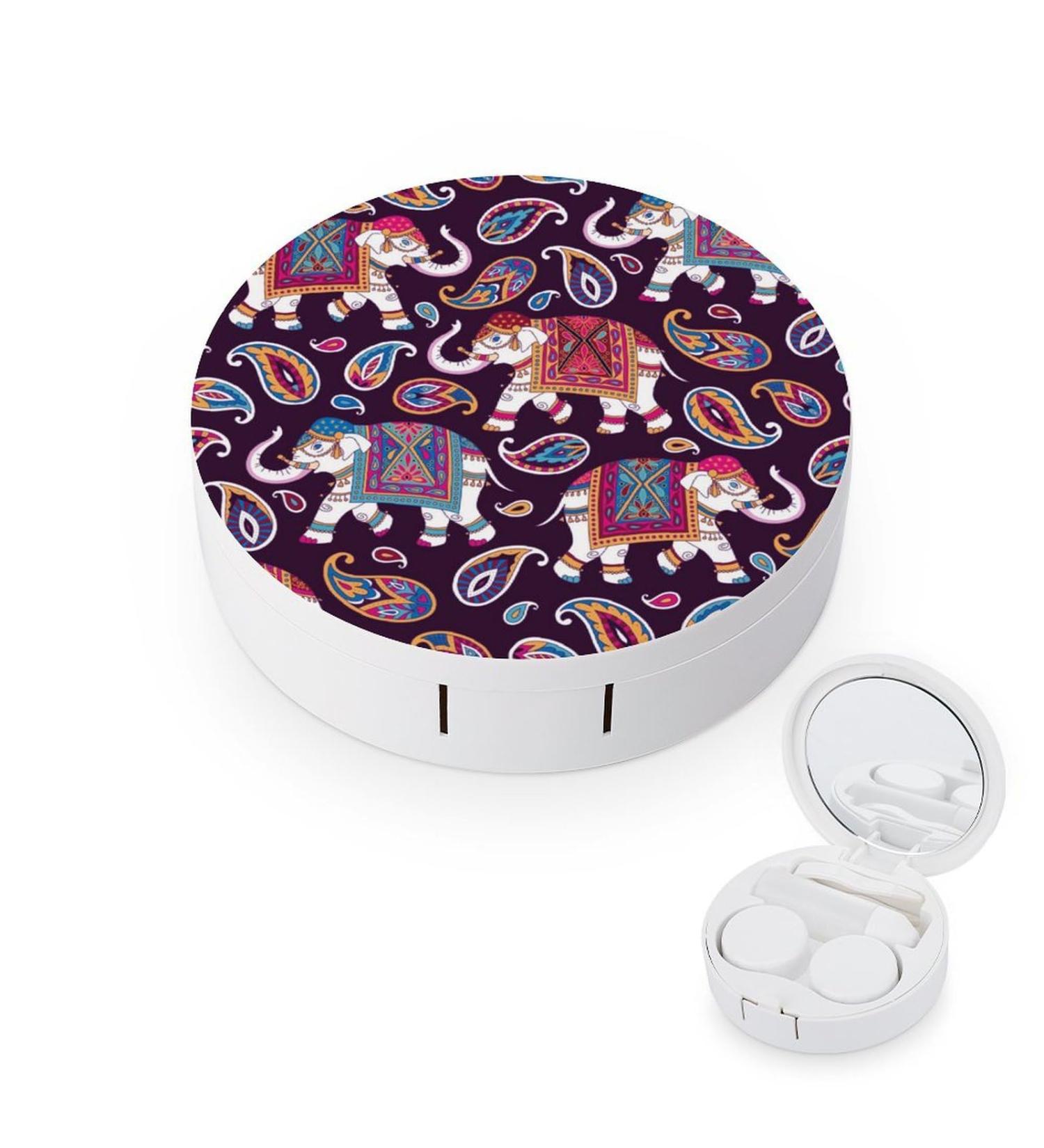 Buy Indian Elefpants & Paisleys Round Contact Lens Case | Portable Cute Storage Box with Mirror Shop Internationally - Buy Online on GoSupps.com