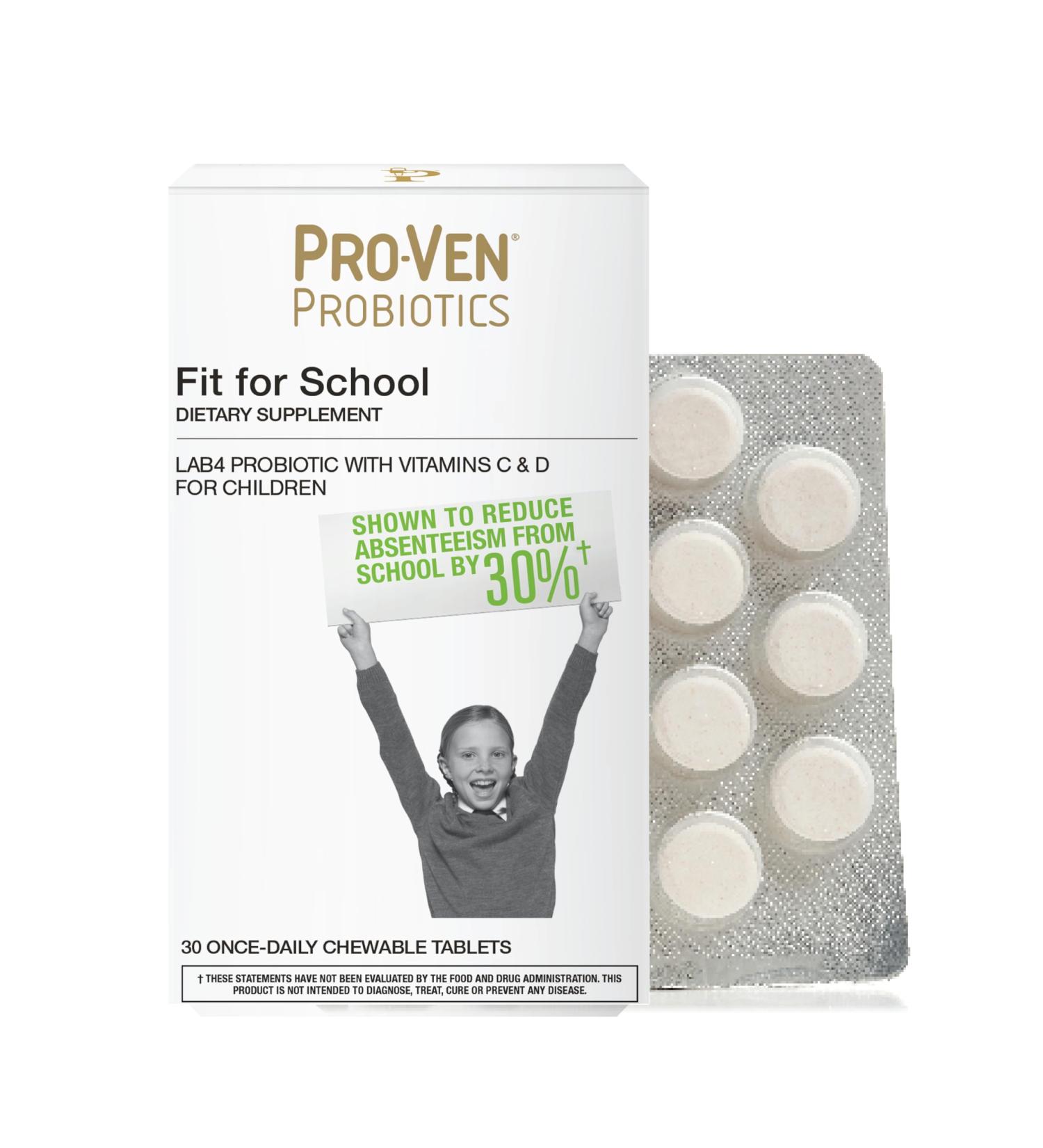 Pro-Ven Fit for School Kids Probiotic Chewable Tablets | 12.5 Billion CFUs with Vitamin C & D for Ages 4-16 | Natural Strawberry Flavor | Vegetarian Gluten & Lactose Free | 30 Daily Tablets - Buy Online on GoSupps.com