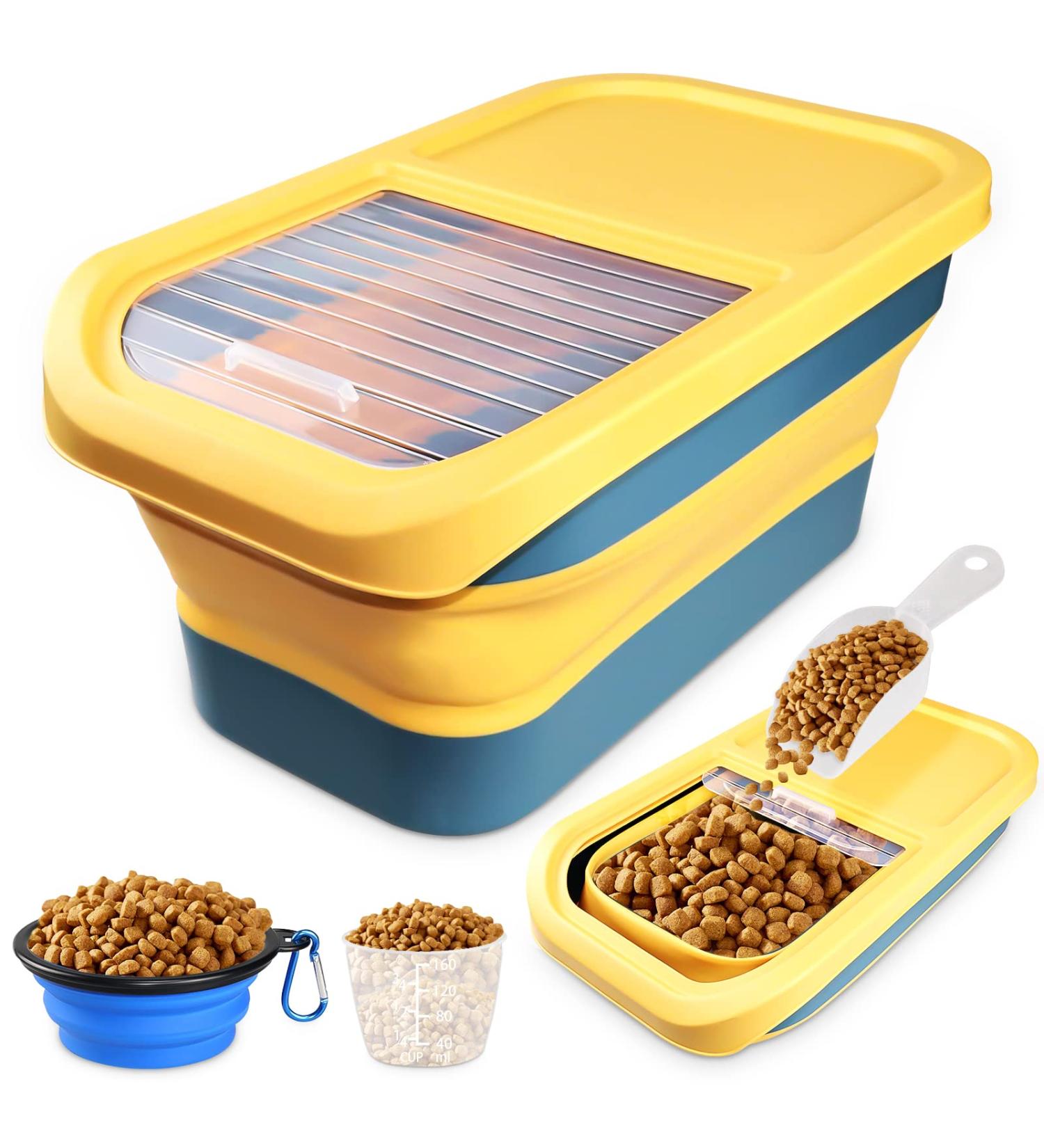 Airtight 20 LB Dog & Cat Food Storage Container in Lemon Yellow | Collapsible Design with Folding Bowl, Measuring Cup & Scoop - Buy Online on GoSupps.com