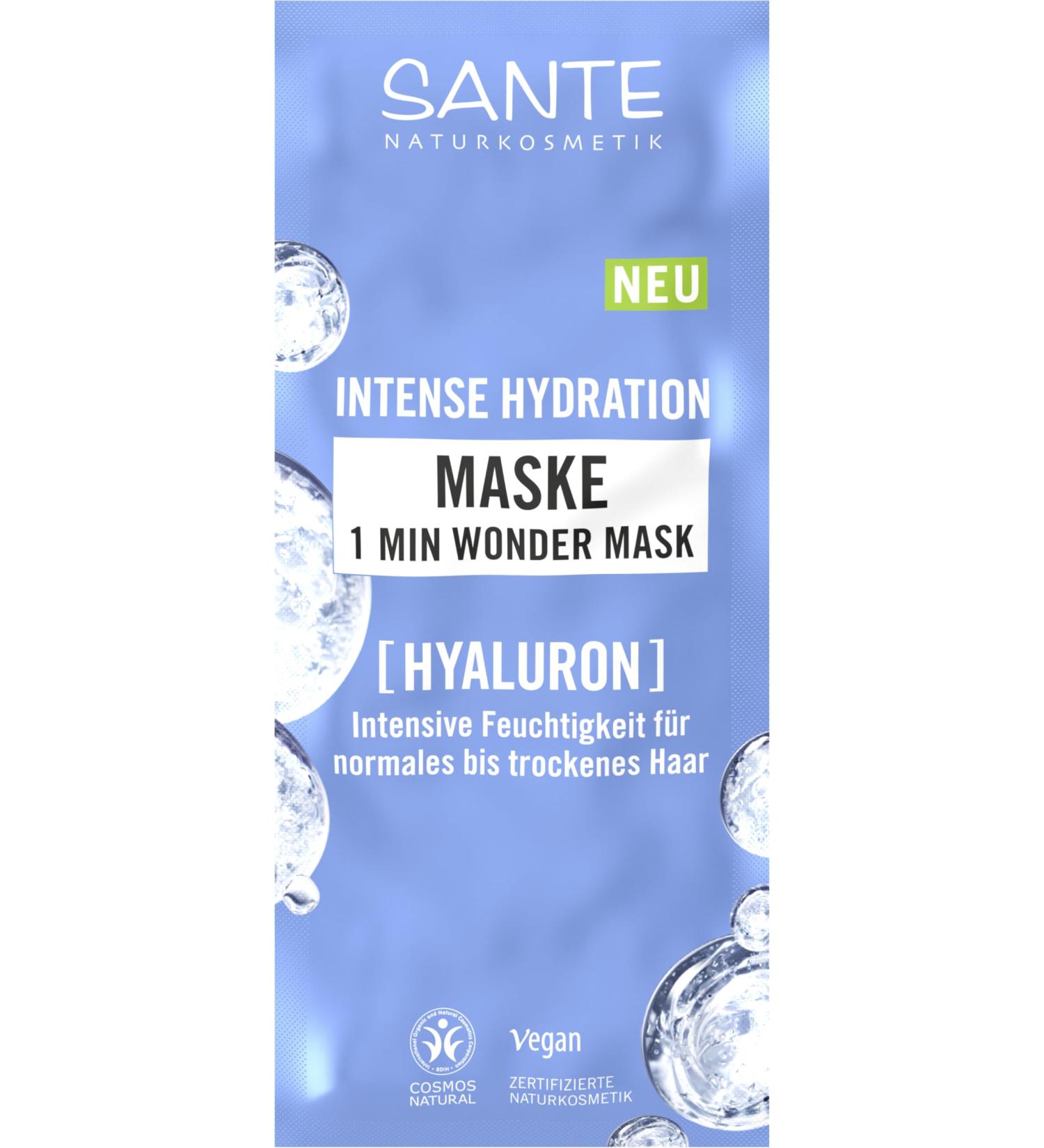 Sante Naturkosmetik Intense Hydration Masque Wonder 1 min soin imm diat intensif pour cheveux d munis d'acide hyaluronique et complexe triple prot ine pour cheveux normaux secs v g talien 20 ml 20 ml (Lot de 1) Produit neuf