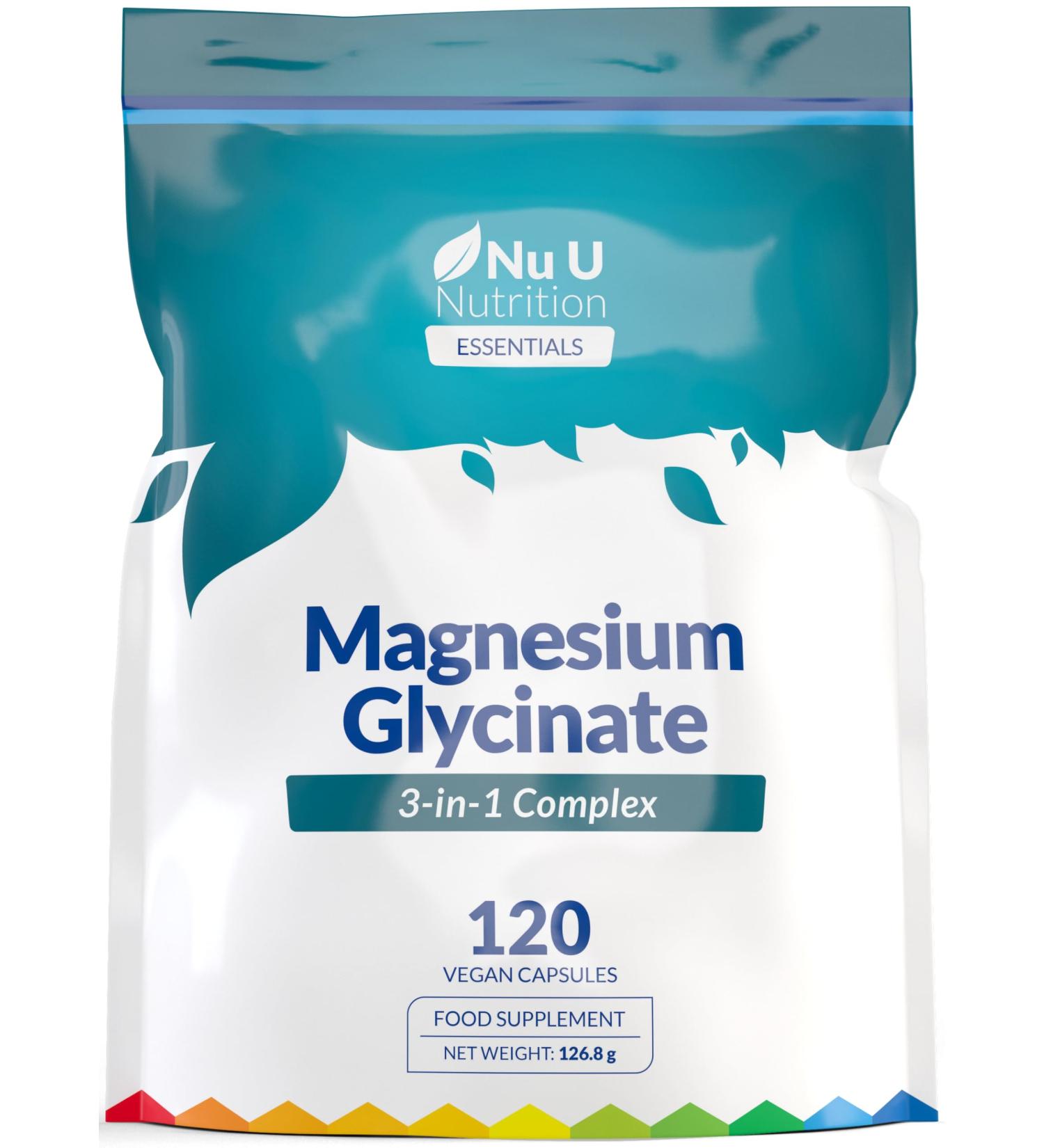 Magnesium Glycinate 3-in-1 Complex 1813mg - 120 Vegan Capsules - Triple High Absorption Bisglycinate Citrate & Malate - 384mg Elemental Mag per Serving - Made in The UK - Nu U Nutrition - Buy Online on GoSupps.com