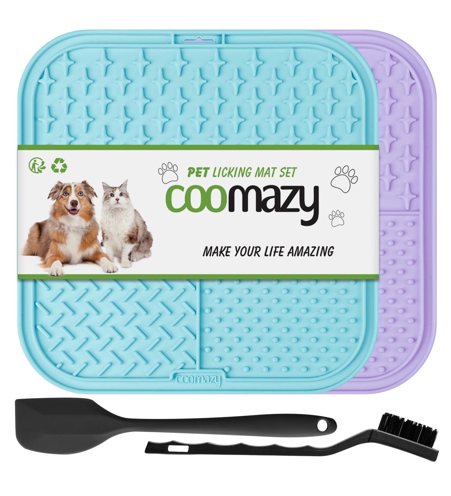 Coomazy Leak Mat for Dogs - 2-Pack Lick Mats with Silicone Spatula & Brush | Slow Feeder Dog Bath & Grooming - Blue & Purple - Buy Online on GoSupps.com
