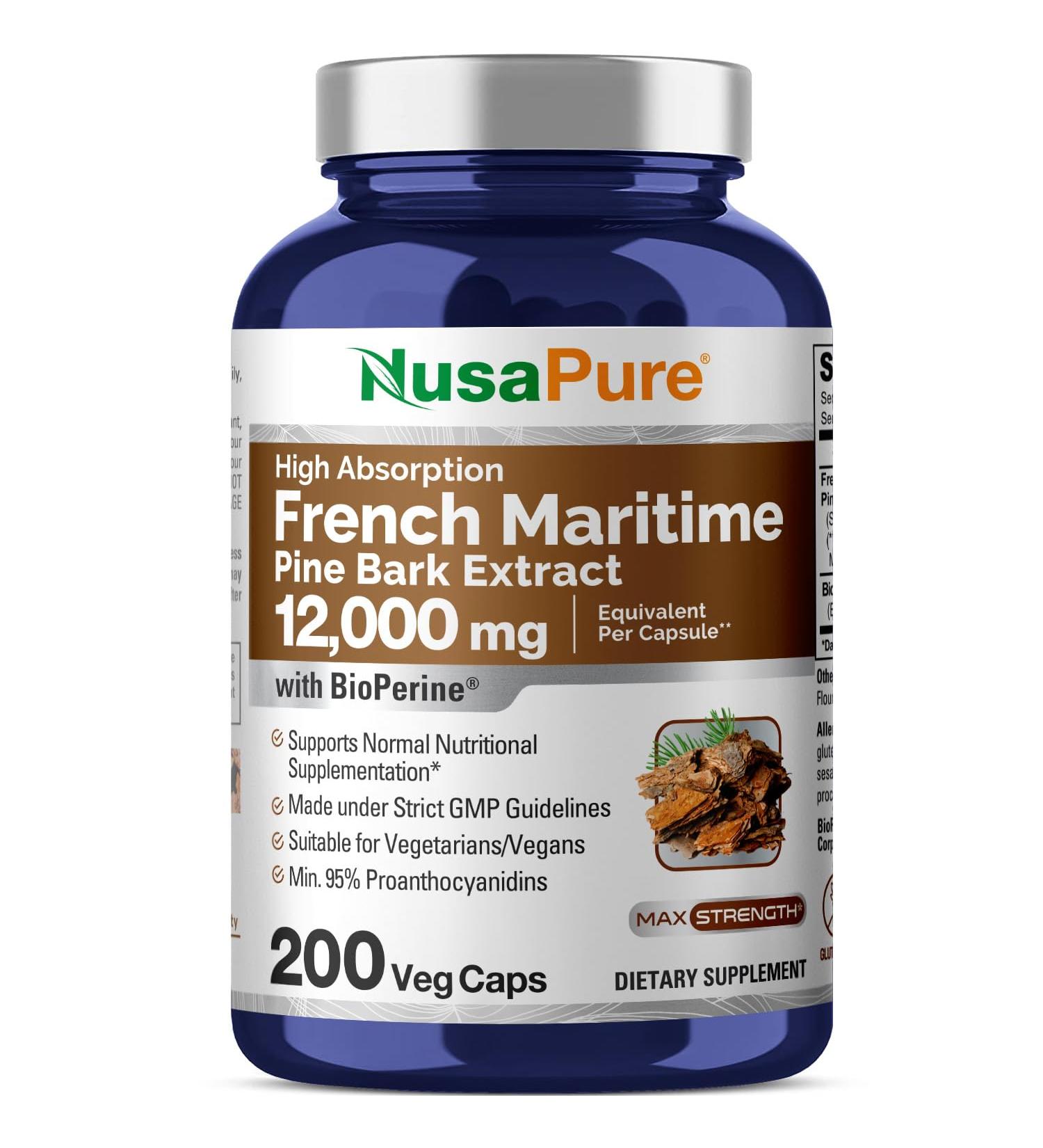 NusaPure French Maritime Pine Bark Extract 12 000 mg - 200 Veggie Caps Non-GMO Gluten Free with Bioperine for Optimal Absorption - Buy Online on GoSupps.com