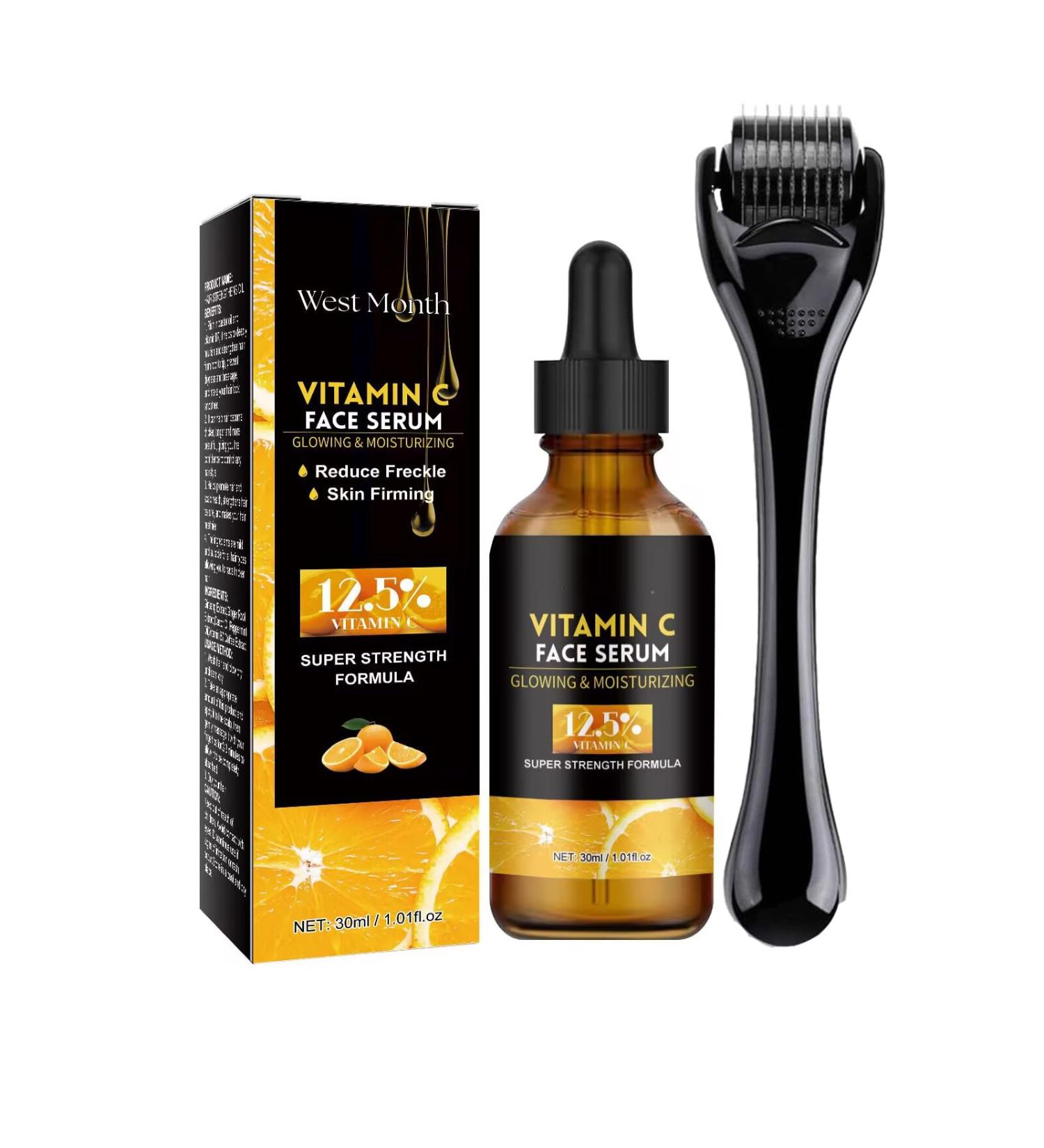 Vitamin C Face Serum Anti Aging Facial Serum with Vitamin C + 0.5mm Derma Roller Microdermabrasion Skin Care for Face & Eyes Dark Spots Acne Wrinkles Hair Loss Stretch Marks for Men&Women - Buy Online on GoSupps.com