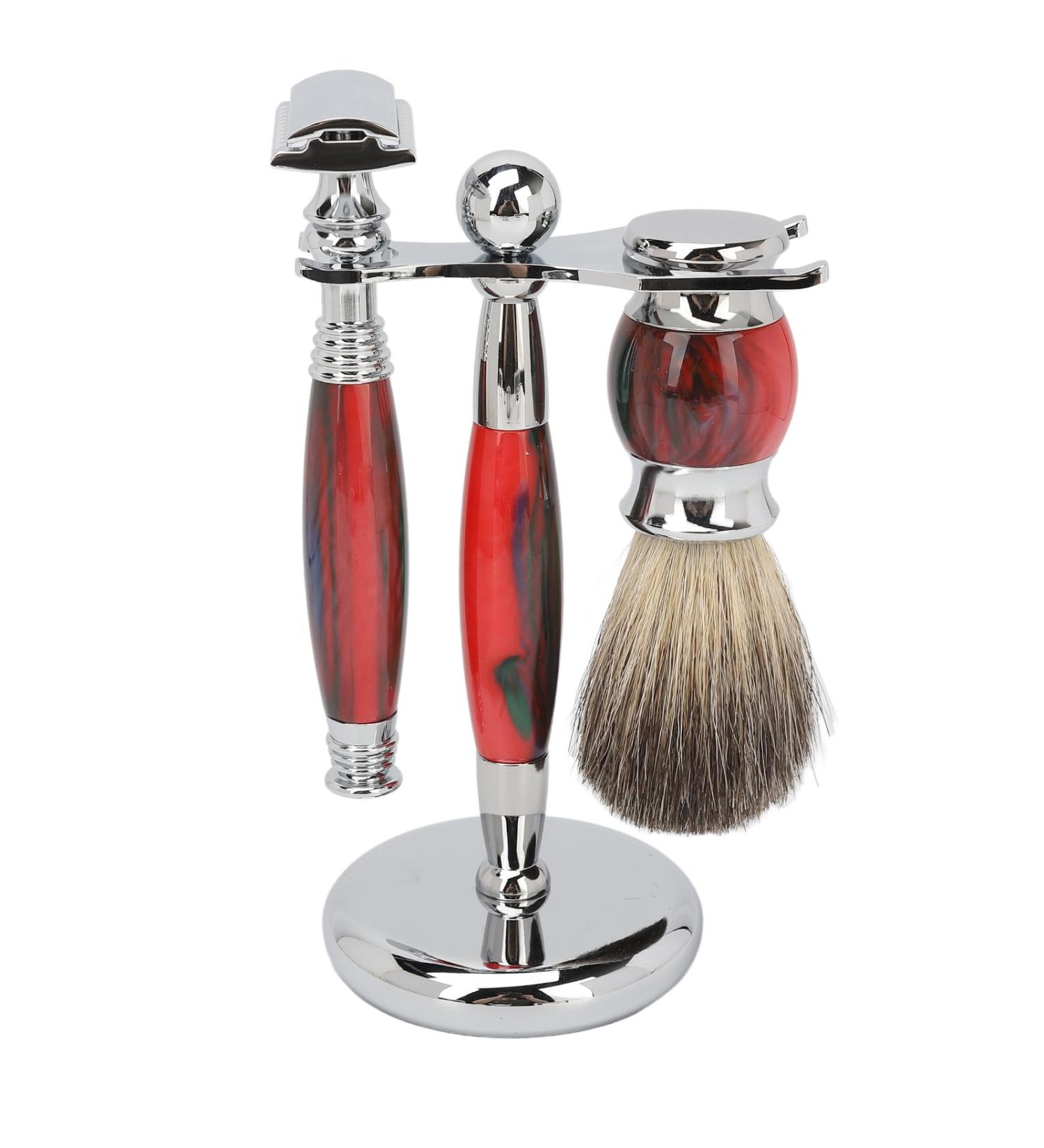 Men's Razor Tool Set - Beard & Mustache Care | 5-Piece Alloy Shaving Stand Holder Hairbrush & Soap Shells for Grooming - Buy Online on GoSupps.com