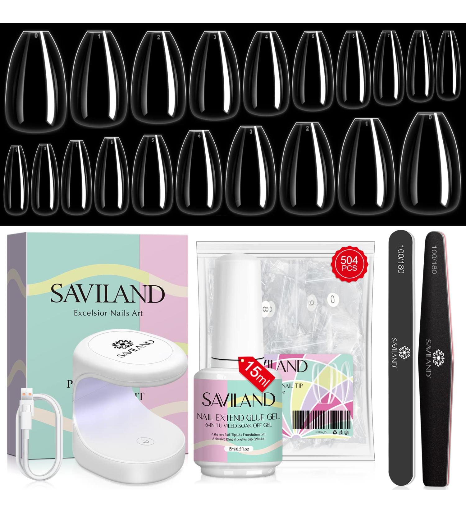 Saviland Soft Nails Tips & Glue Gel Kit - 504PCS Short Ballerinas Fake Nails | Full Cover Nail Tips Gel Kit for Acrylic Nails | 6-In-1 Nail Glue & UV Light Extension Set for Nail Art DIY - Buy Online on GoSupps.com