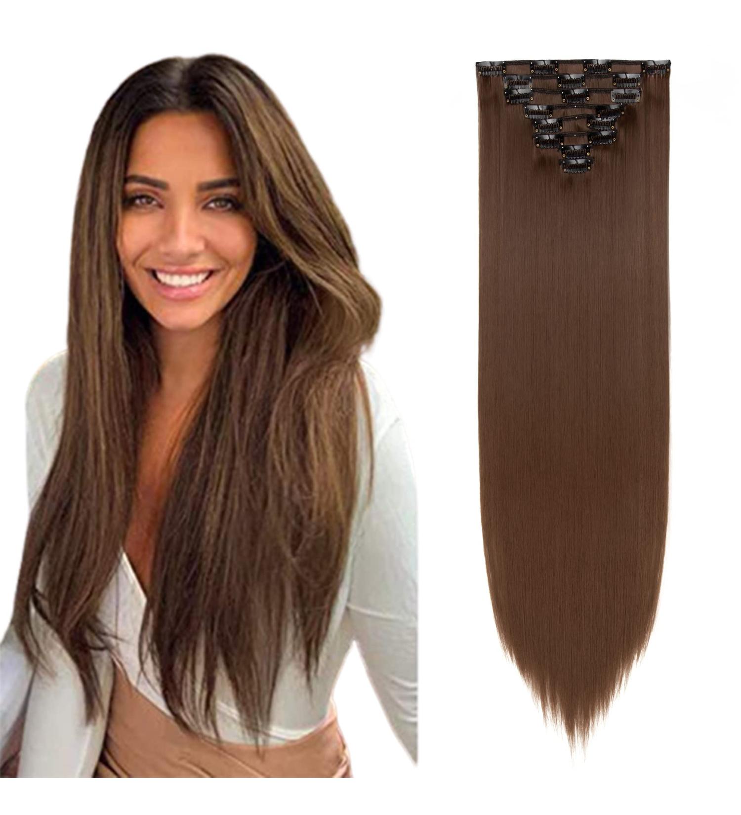 Ombre Colorful Straight Clip in Hair Extensions Full Head 26 inch - 8Pcs 18Clips Synthetic Hairpiece Chocolate Brown - Buy Online on GoSupps.com