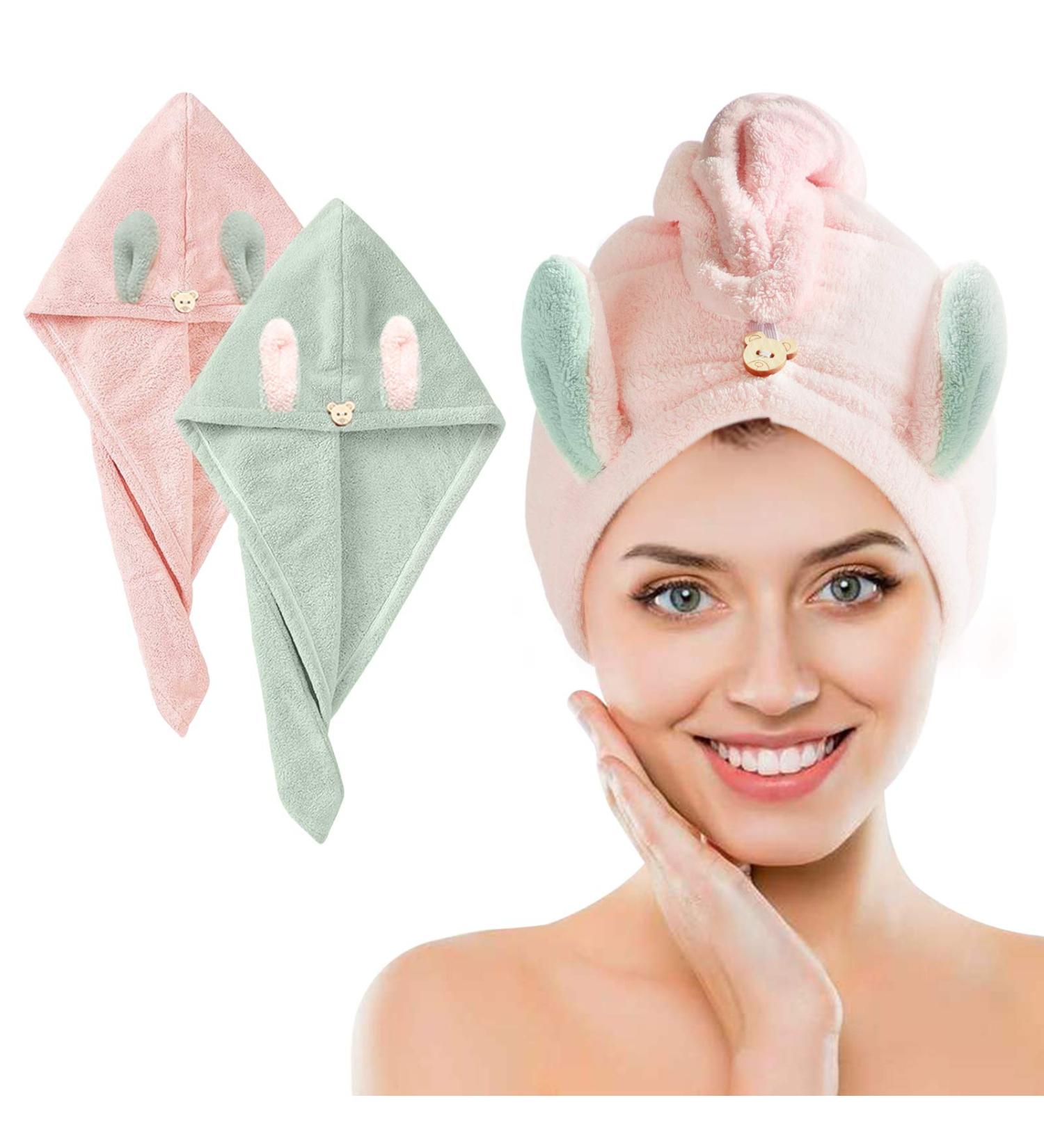 Galat e Hair Turban Set - 2 Microfiber Towel Dryers with Cute Rabbit Ears | Quick-Dry Headscarf for Long Hair - Pink & Green | Perfect for Women and Girls - Buy Online on GoSupps.com
