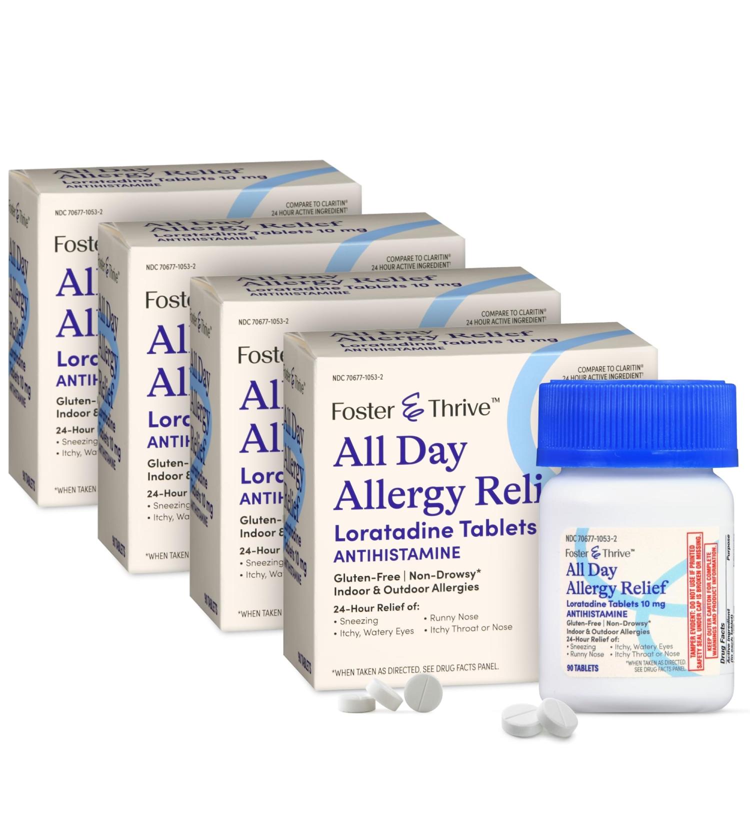 Foster & Thrive Loratadine 10mg - 24-Hour Allergy Relief Tablets (360 Count) | Non-Drowsy Antihistamines for Kids & Adults - Pack of 4 - Buy Online on GoSupps.com