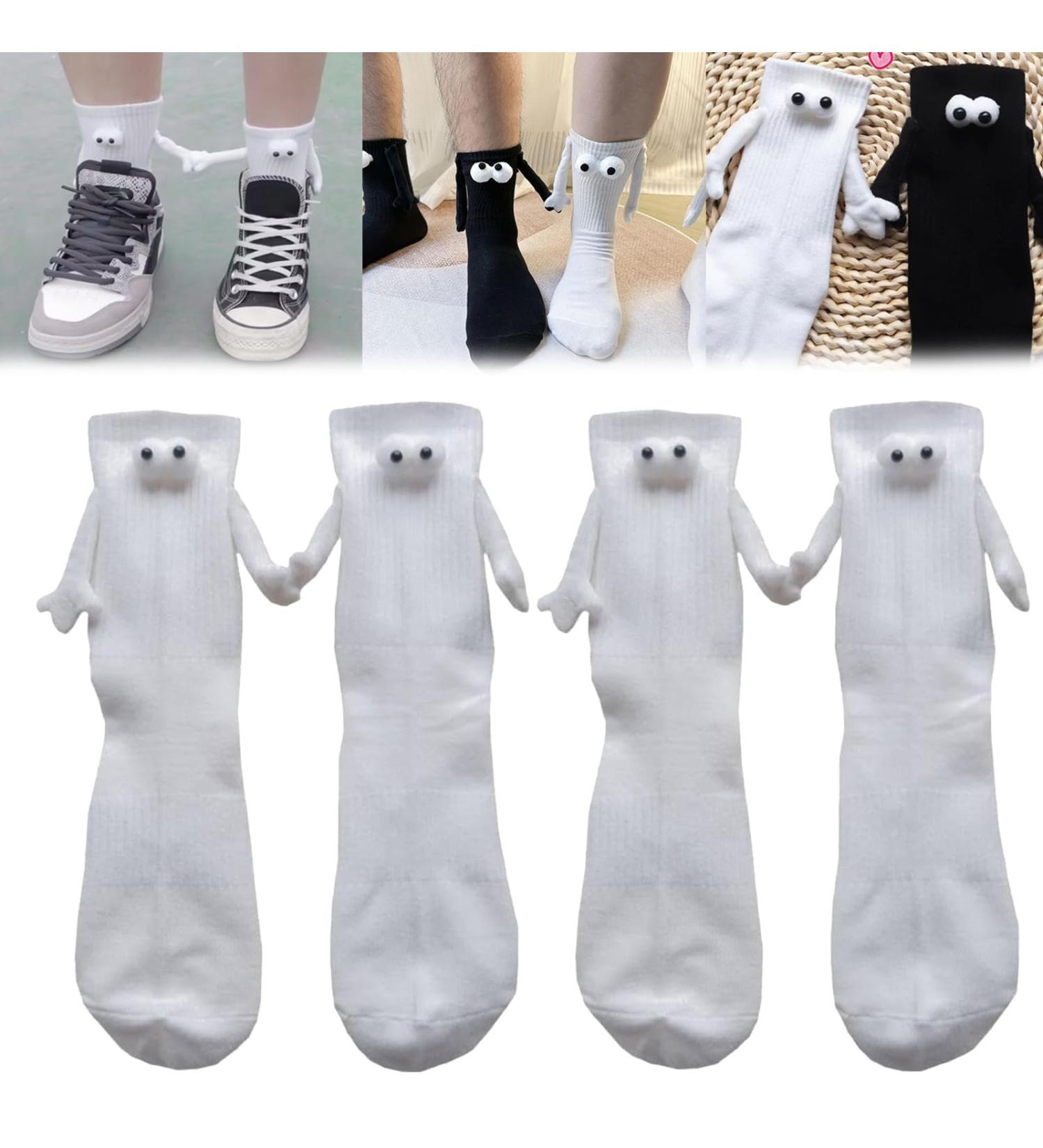 Hand Holding Magnetic Couple Socks - 2 Pair White Unisex 3D Doll Design - Buy Online on GoSupps.com