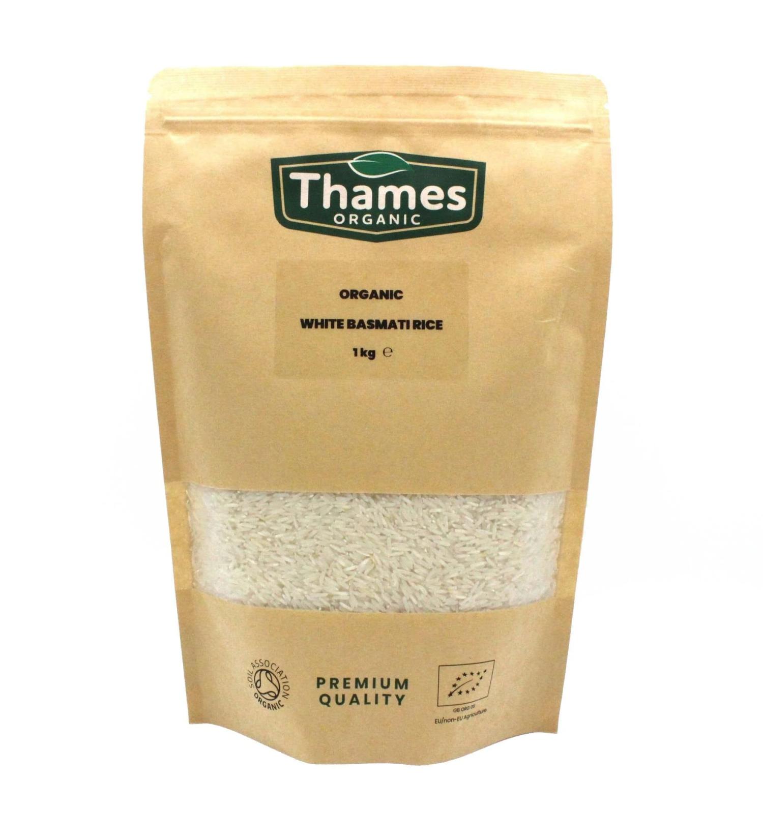 Organic White Basmati Rice-Certified Organic Non-GMO Vegan No Additives No Preservatives Resealable Bag by Thames Organic 1kg - Buy Online on GoSupps.com