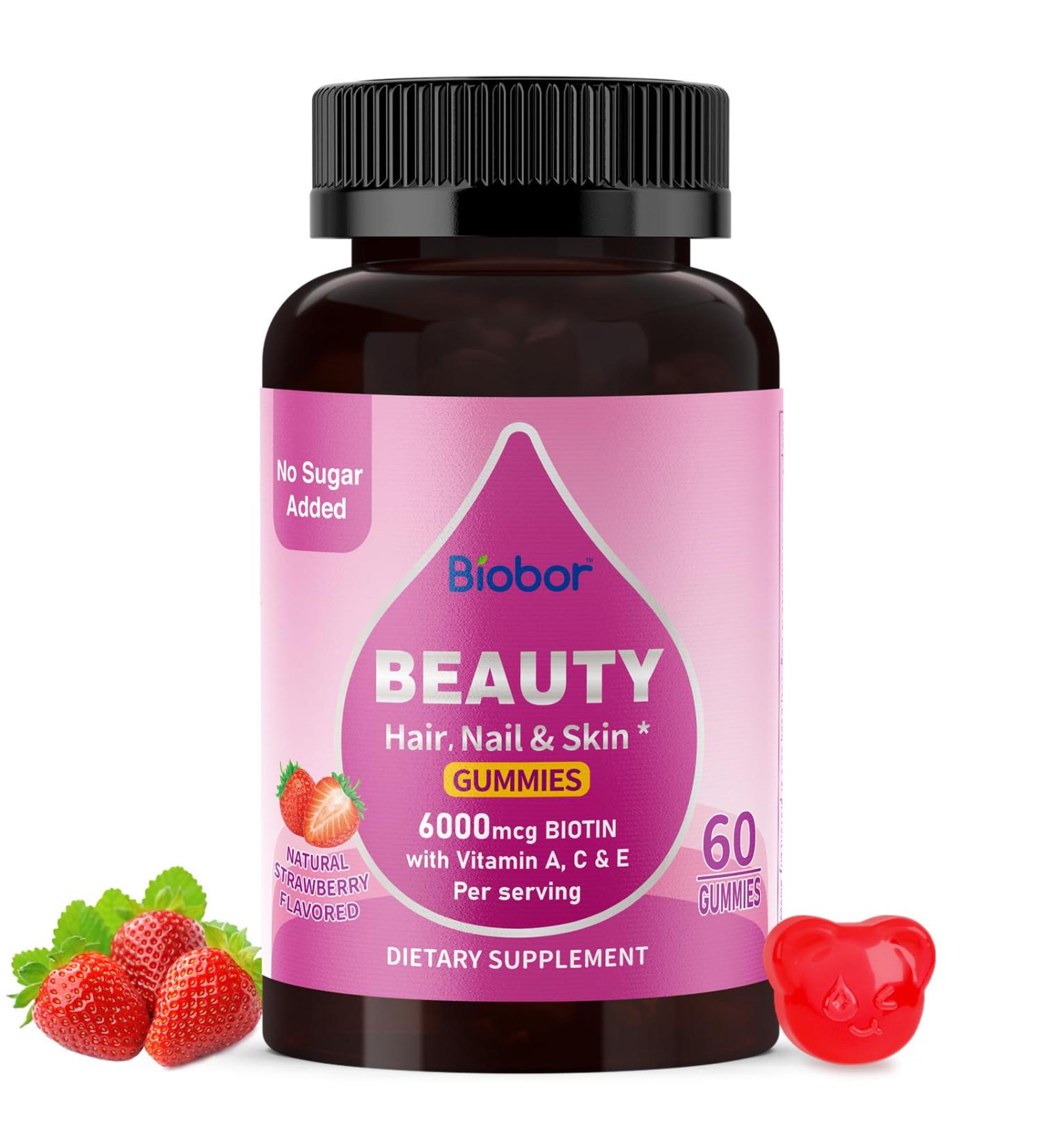 Natural 6000mcg Biotin Gummies No Sugar Added Hair Skin and Nails Beauty Gummies with Vitamins A C E for Women Men GMO Free Gluten Free 60 Count (Pack of 1) - Buy Online on GoSupps.com