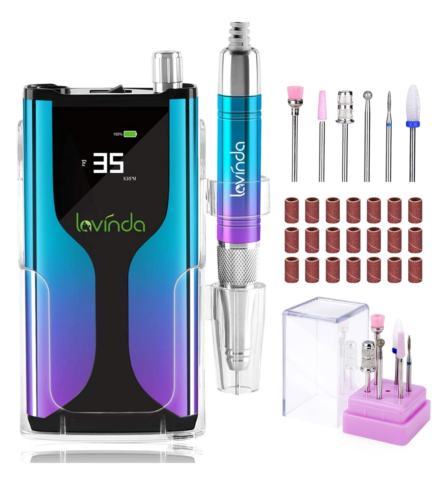 Rechargeable Nail Drill Machine Lavinda Cordless 35,000RPM Skyspace Brushless - Gradient Blue/Purple Metallic | Portable Electrical Nail File for Acrylic Nails with Protective Case - Buy Online on GoSupps.com