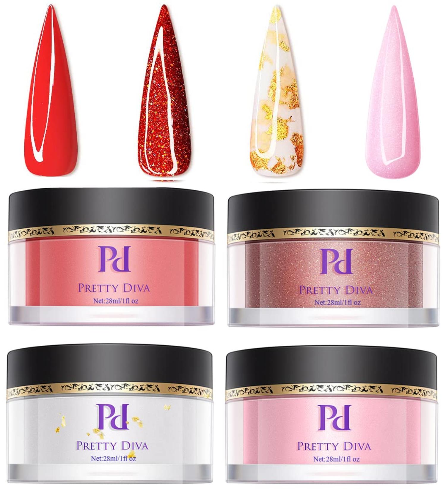PrettyDiva Dip Powder Set - 4 Colors SOMETHIN' DARING Collection - Hot Date Dip Powder - 1Oz Scarlet Red, Stargazer Red, Nova Pink, Milky White - Foil Sparkly Glitter Nail Dip Powder for Salon Manicure at Home - Buy Online on GoSupps.com