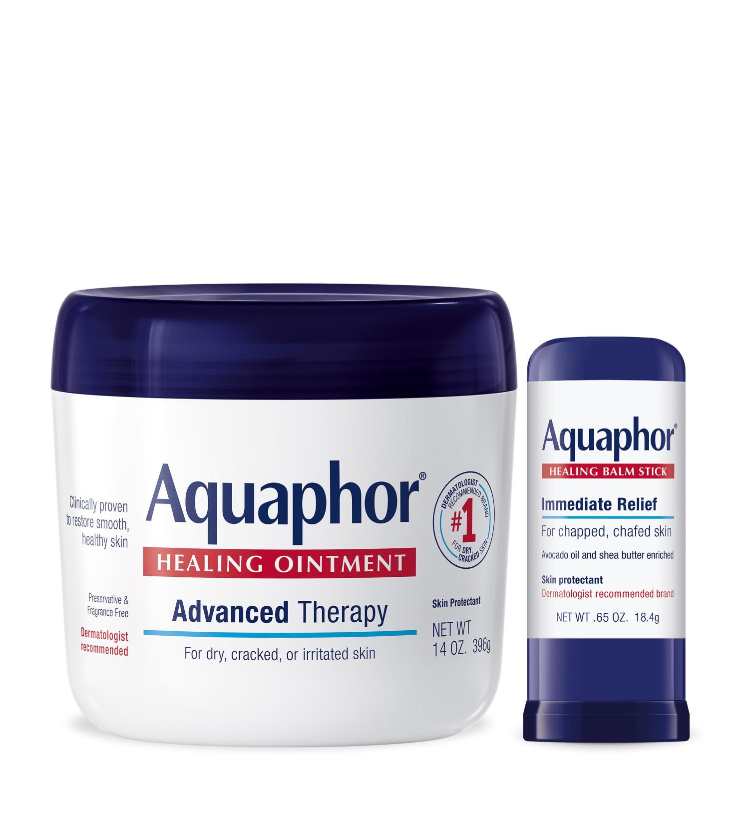 Aquaphor Advanced Therapy Healing Ointment Skin Protectant (14 Oz) + Healing Balm Stick with Avocado Oil and Shea Butter (0.65 Oz) - Buy Online on GoSupps.com