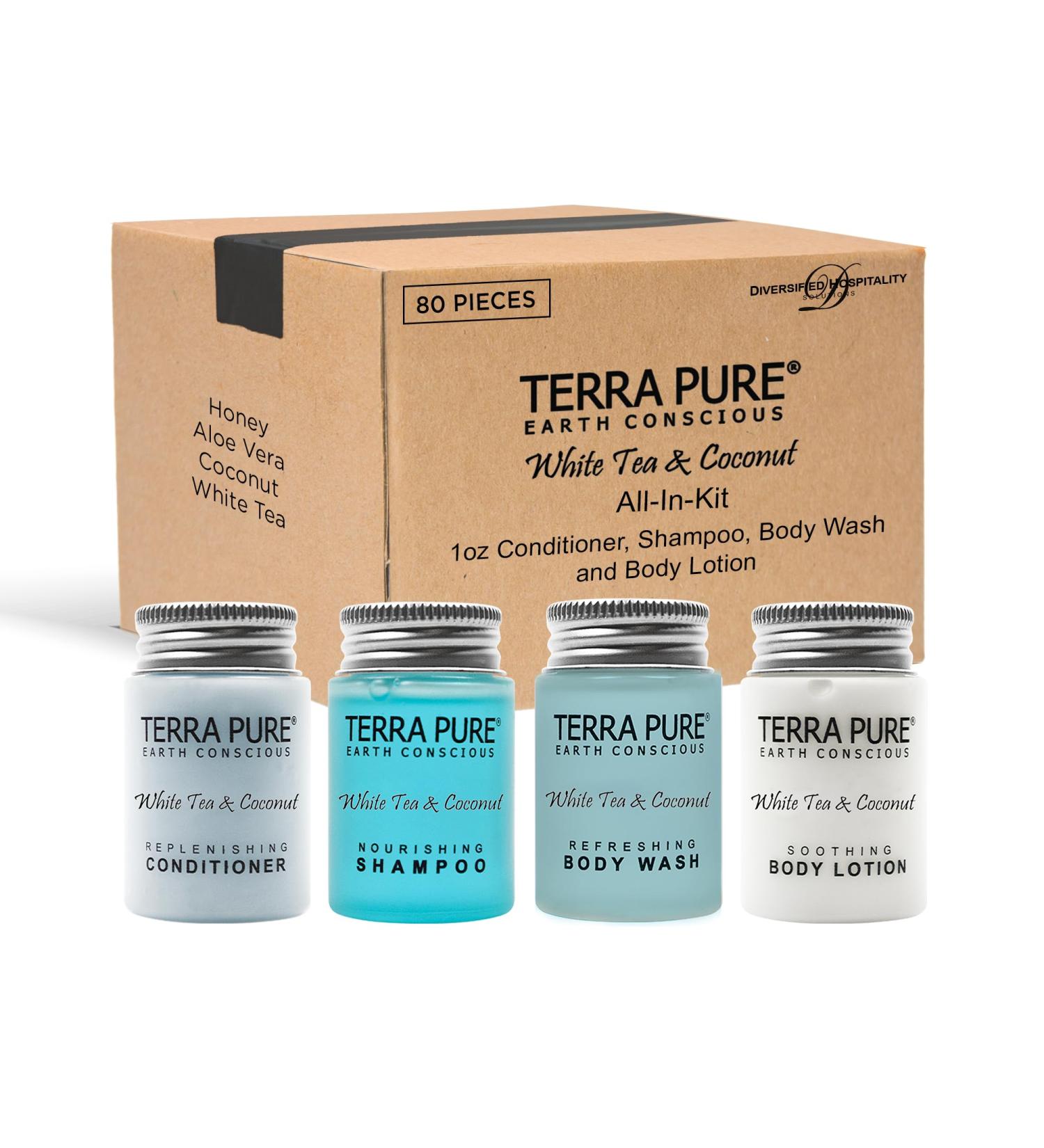 Terra Pure White Tea & Coconut Toiletries Set - 80 Piece Travel Amenities for Hotels Airbnb & Rentals | Hotel Shampoo Conditioner Body Wash & Lotion - Buy Online on GoSupps.com