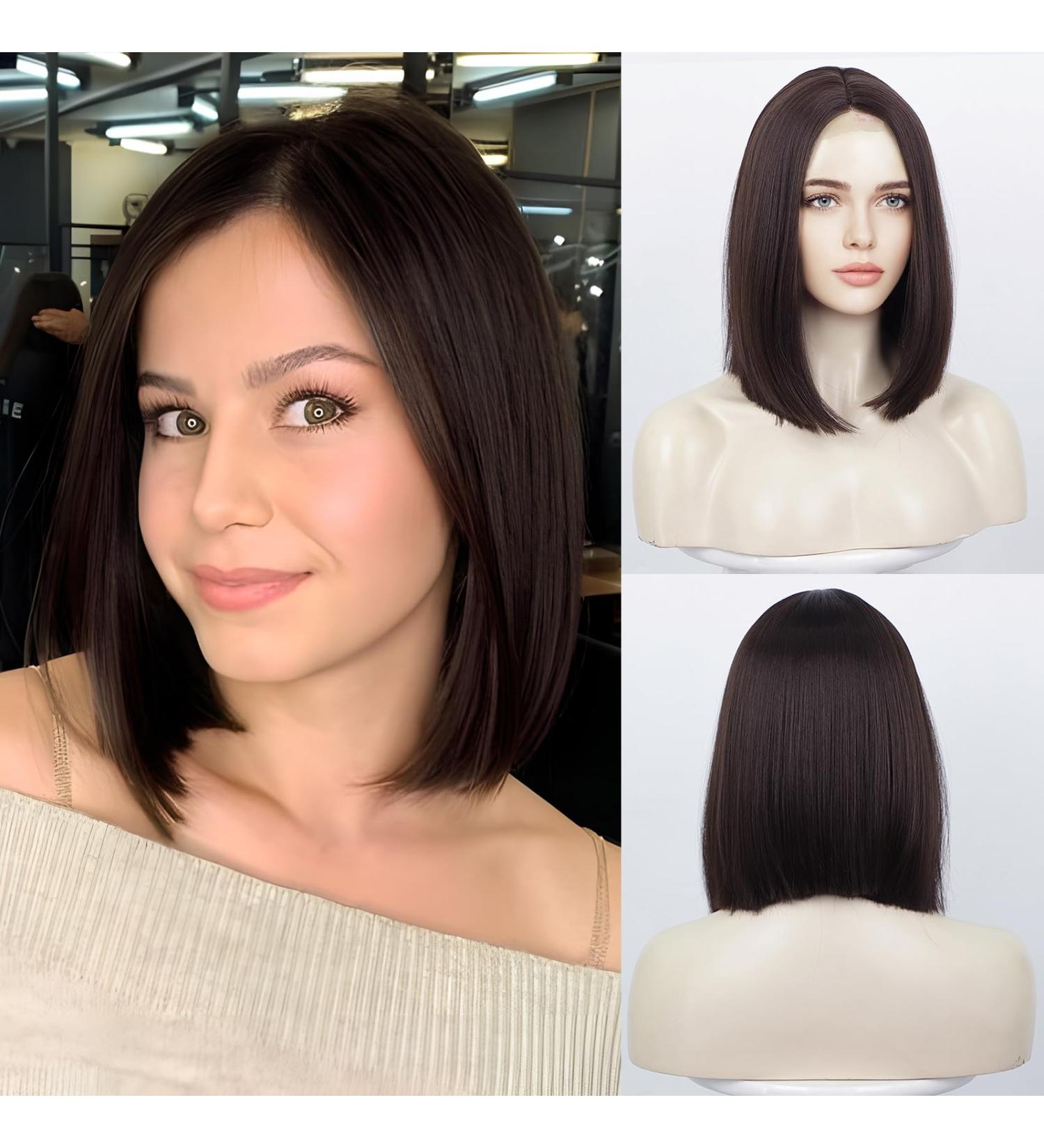 Dark Brown Shoulder Length Bob Wig for Women | Hand-Tied Heat Resistant Hairline | Natural Middle Part | 12inch - Buy Online on GoSupps.com