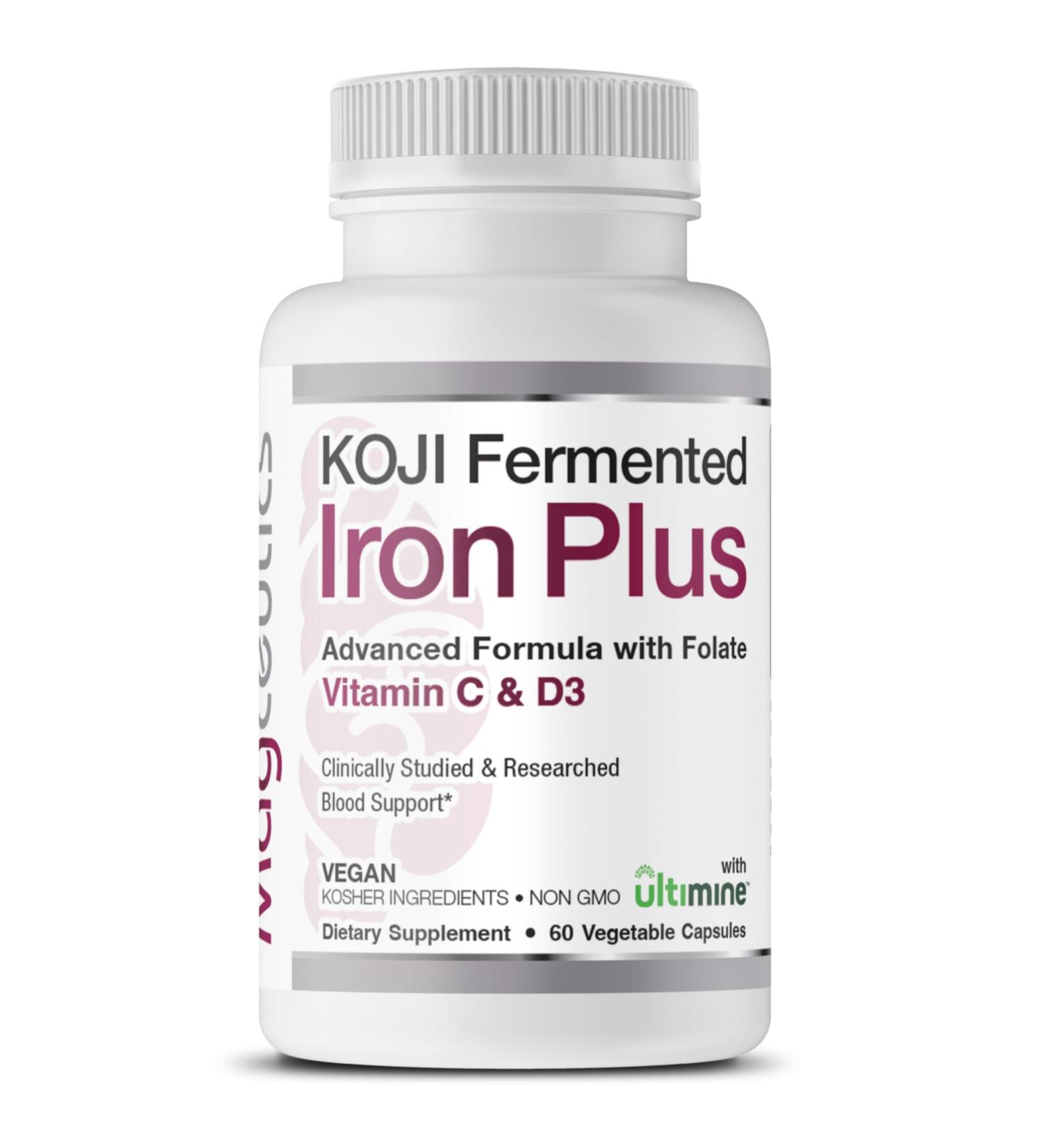 Magceutics Koji Fermented Iron Plus - Iron Supplement with Vitamin C Vitamin D3 and Folate for Blood Support Easily Absorbed and Bioavailable Stomach Friendly Vegan Non-GMO - 60 Capsules - Buy Online on GoSupps.com