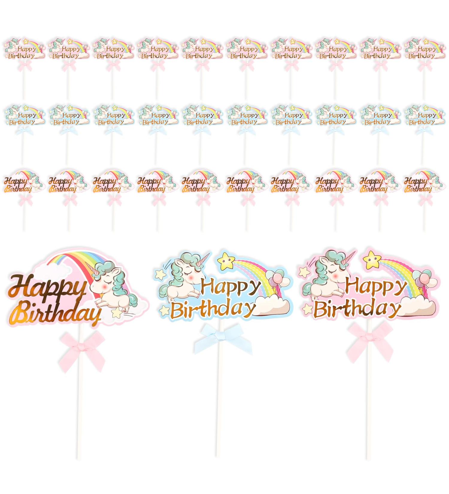 30 Pcs Unicorn Cupcake Toppers Happy Birthday Cake Decorating Insert Cards with Rainbow and Bowknot for Girls Birthday Parties 8 Styles - Buy Online on GoSupps.com