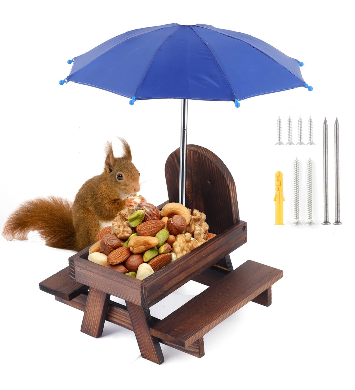 Creechwa Wooden Squirrel Feeder Picnic Table with Umbrella and Corn Cob Holder - Outdoor Bird and Squirrel Feeding Station for Garden Trees, Brown - Buy Online on GoSupps.com