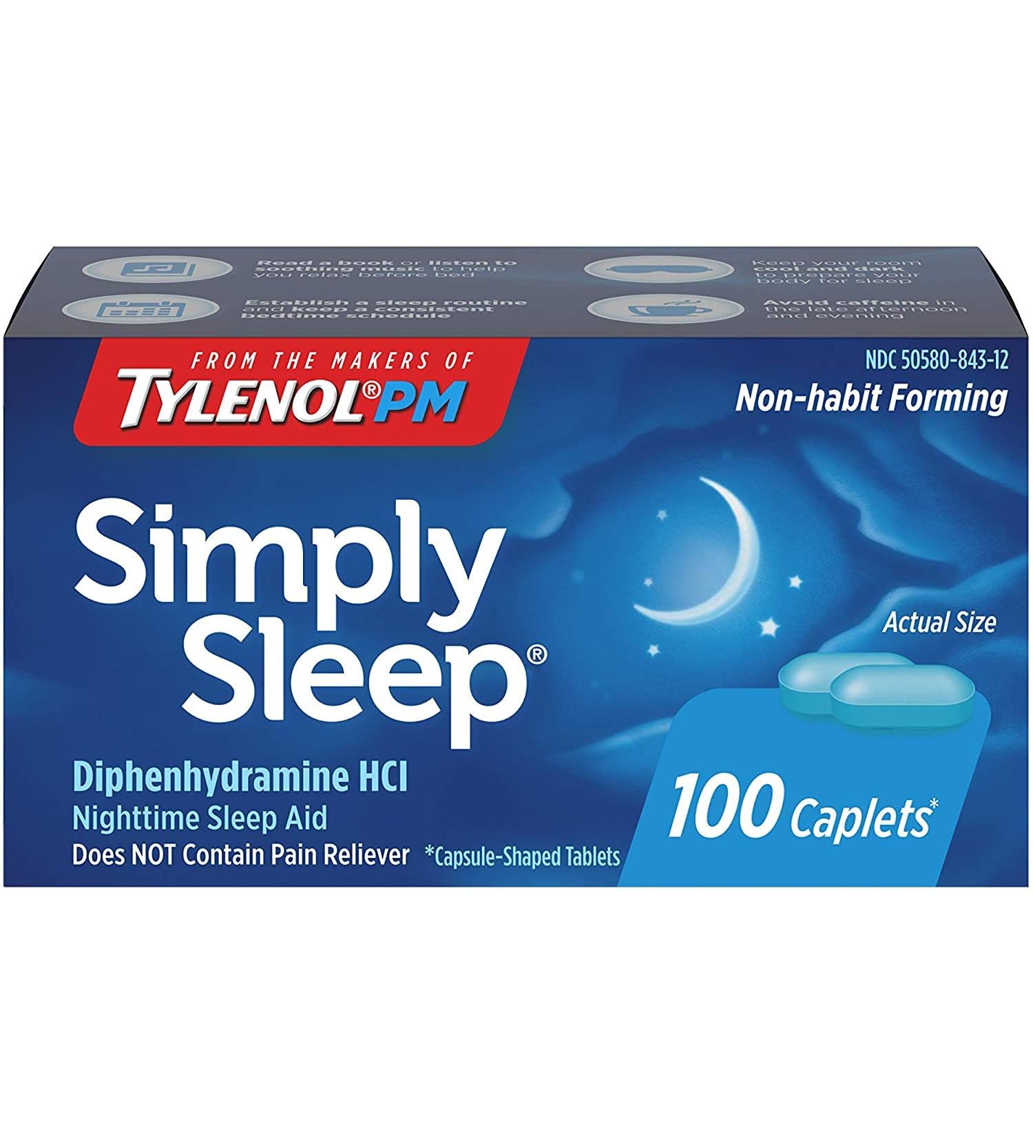 Tylenol Simply Sleep Nighttime Sleep Aid Caplets - 25 mg Diphenhydramine HCl Non-Habit Forming 100 ct - International Shipping Available - Buy Online on GoSupps.com