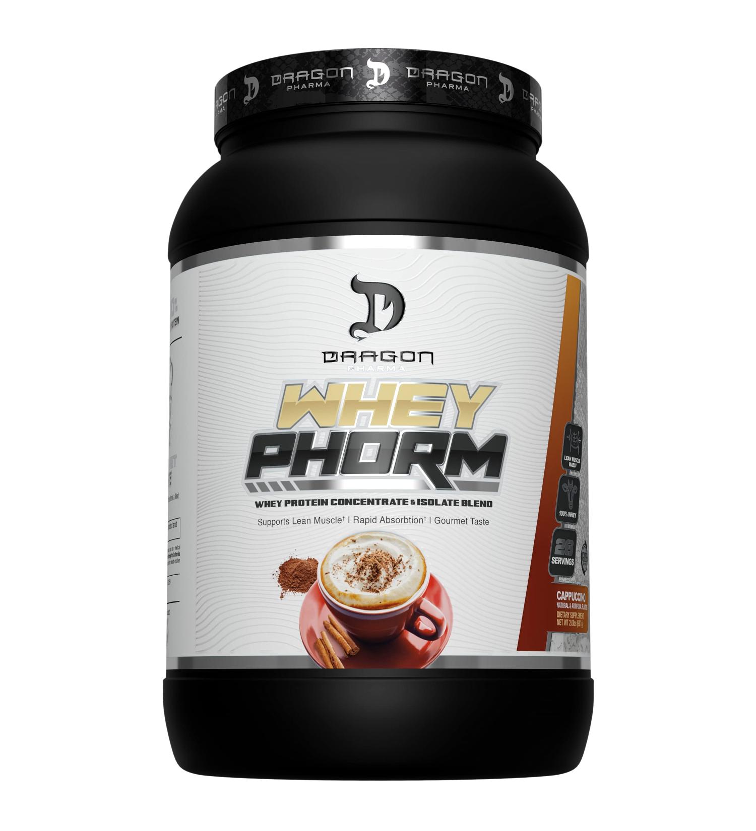 Buy DRAGON PHARMA Whey Protein Blend - Fast Absorption Gluten-Free 25g Protein per Serving - Great Tasting Cappuccino - 100% Whey for Maximum Recovery - Buy Online on GoSupps.com