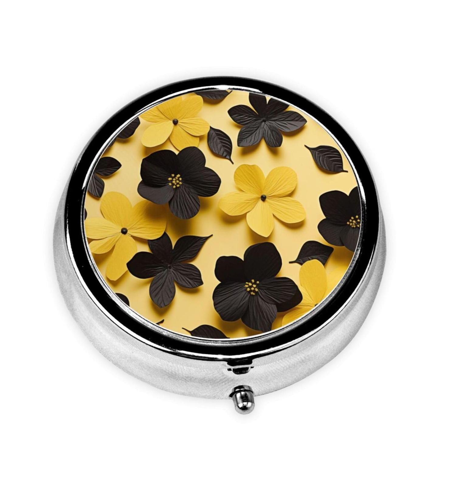 Black Yellow Petals Portable Metal Pill Box - Round Mini 3-Compartment Design for Small Pills Perfect for Travel - Buy Online on GoSupps.com