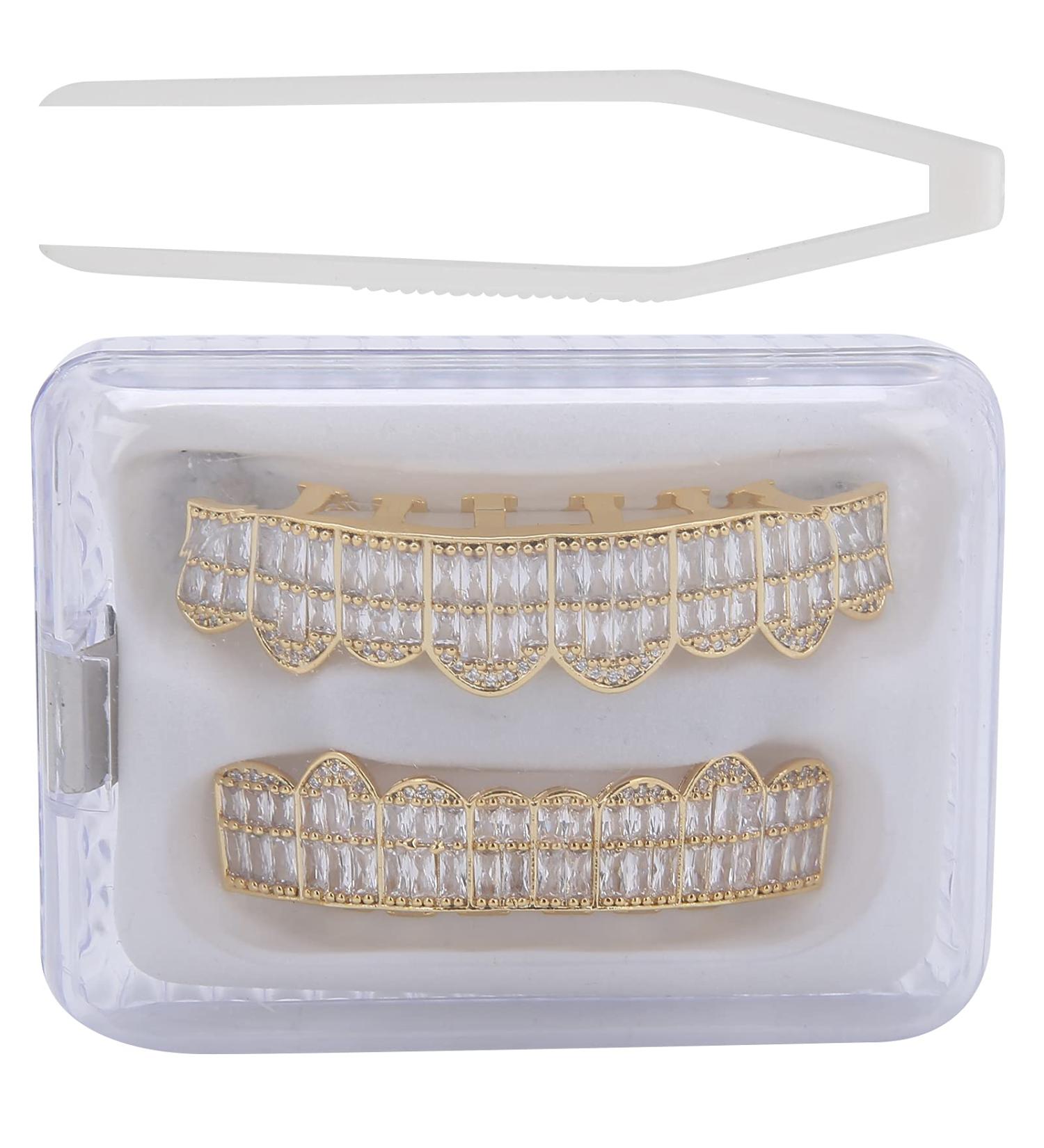 Gold-Plated Hip Hop Grillz - Diamond Tooth Decoration | Cold-Coated Copper Dental Bling for Parties & Halloween - Buy Online on GoSupps.com