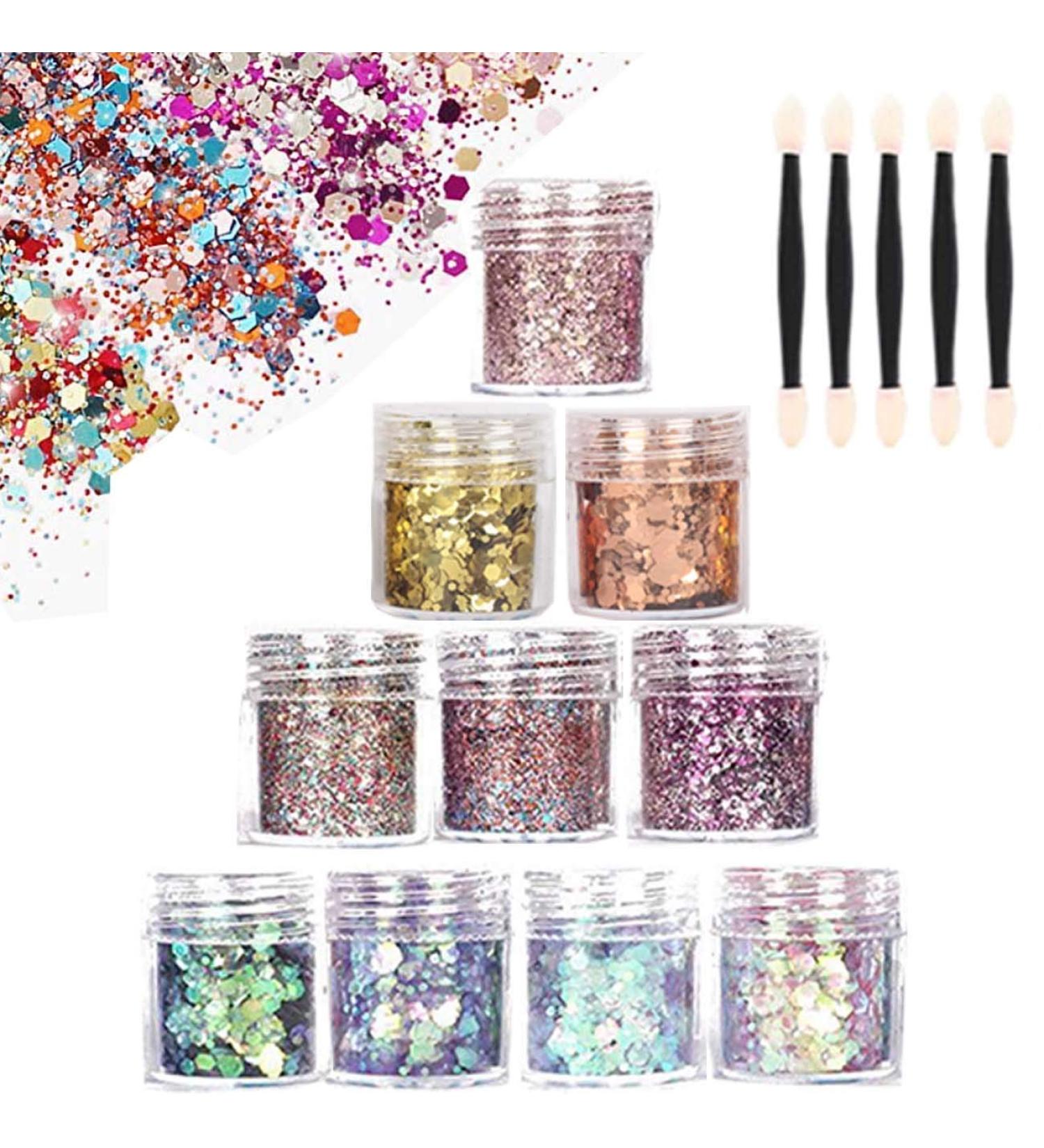 Face Glitter Chunky Glitter Bodies Cosmetic Hexagons Glitter Paillette Sparkling Decoration Glitter Hair and Nails 10 Boxes Set for Festival Christmas - 5 Free Brush Included - Buy Online on GoSupps.com