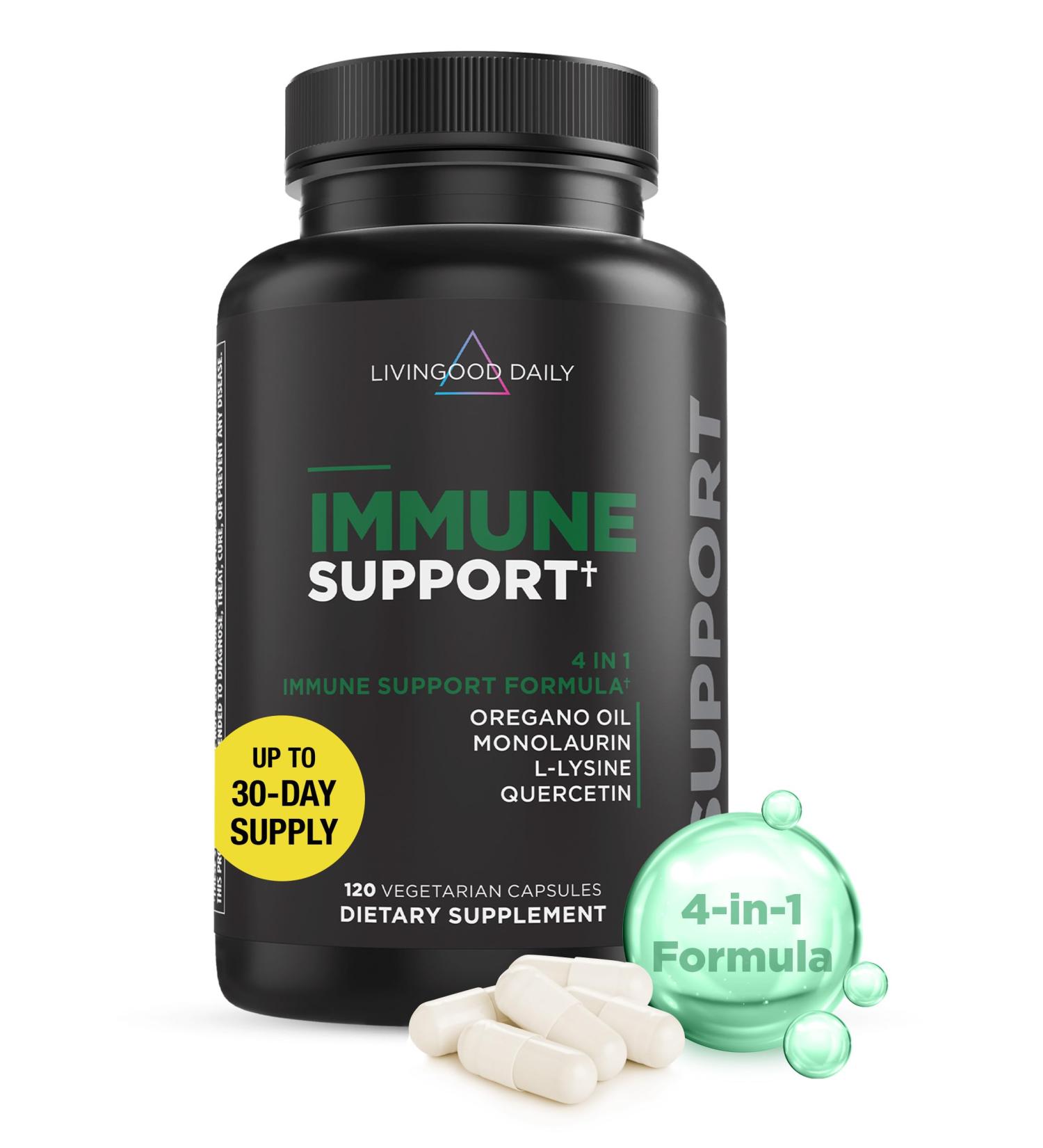 Livingood Daily Immune Support Supplement 4-in-1 Formula with Oregano Oil Monolaurin L Lysine & Quercetin Gut & Digestive Health Gluten Free Vegan Non GMO Allergen Free 120 Capsules New Formula - Buy Online on GoSupps.com