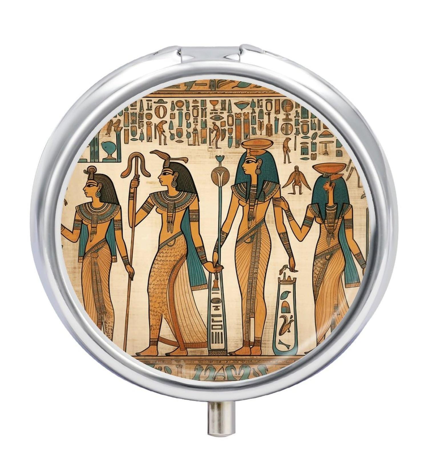 Ancient Egypt Print Pill Box 3 Compartment Travel Pill Organizer for Women | Portable Medicine Case for Purse & Pocket - Buy Online on GoSupps.com