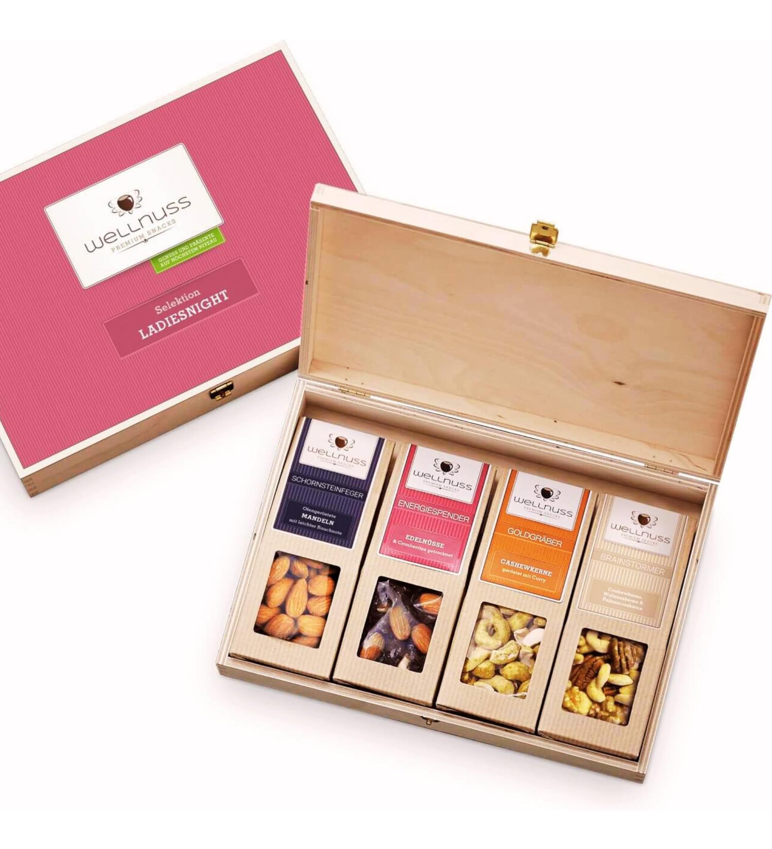 Wellnuss Ladiesnight Premium Gift Set for Women | Vegan Nut Snacks in Birch Wood Box | Perfect Gift Idea for Girlfriend Mother & Sister - Buy Online on GoSupps.com