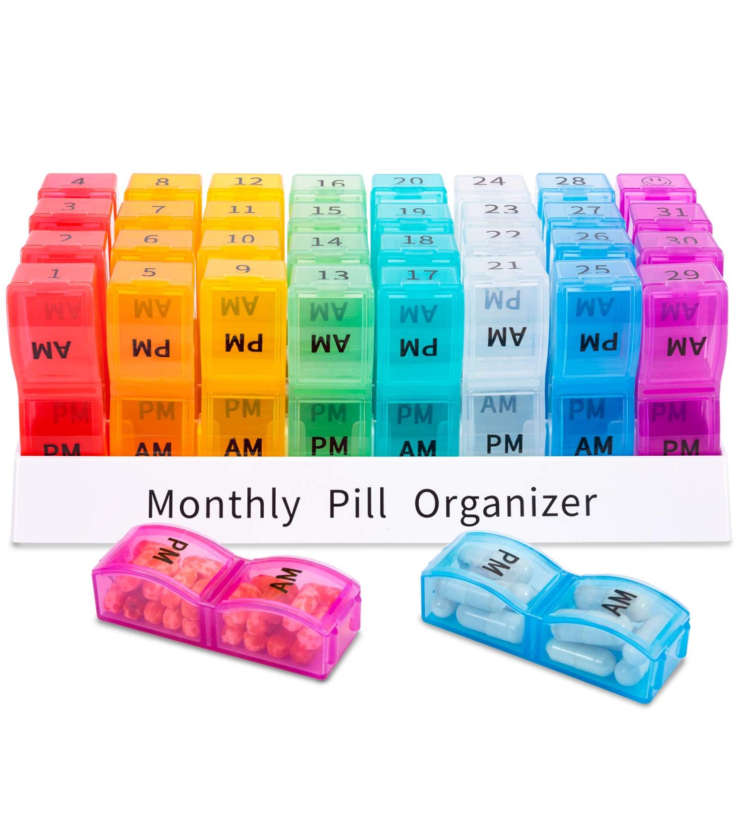 Monthly Pill Organizer 2 Times a Day | AM PM 31 Day Pill Box with Small Compartments for Vitamins and Medicine | Travel-friendly 31 Day Pill Case - Buy Online on GoSupps.com
