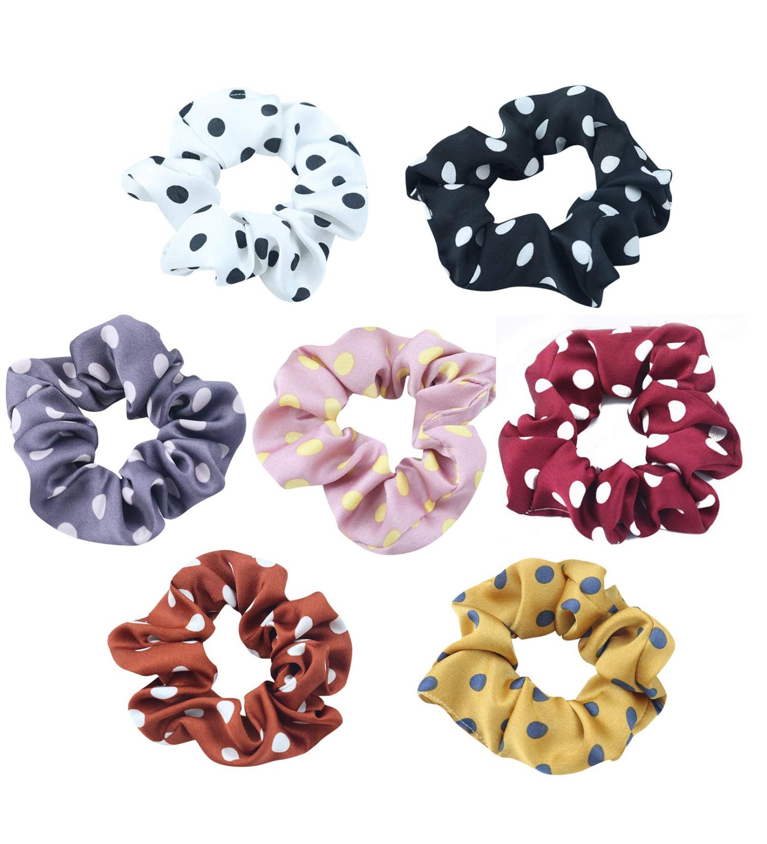 7 Pack Polka Dots Silk Hair Scrunchies - Long Hair Elastic Bands for Girls and Women - Buy Online on GoSupps.com