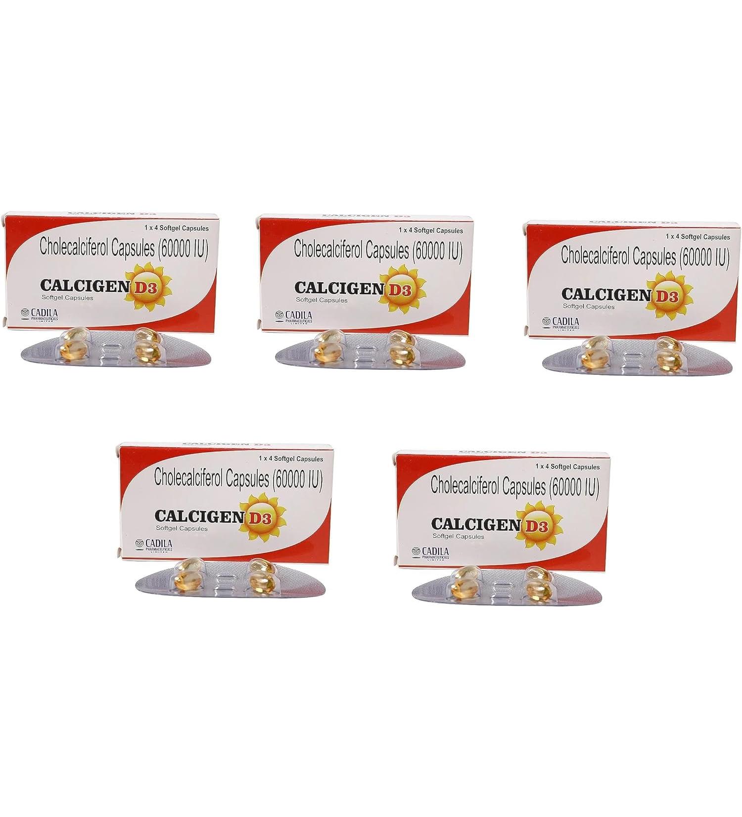 Generic (Pack of 5) Cholecalciferol (Vitamin D3) 60000 IU (4 Capsules Each) - by pharmacylife