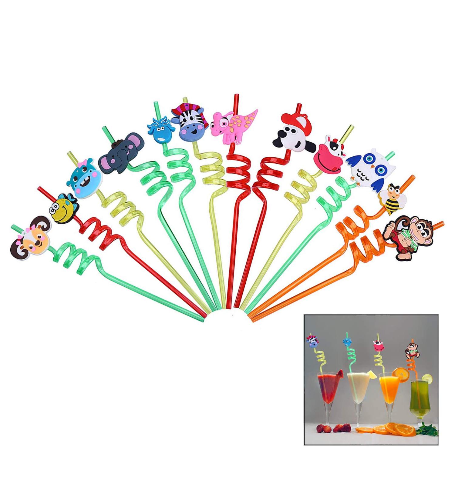 iwobi 12 Pcs Animal Curly Straws Reusable Plastic Curly Novelty Straws for Kids Birthday Party - Buy Online on GoSupps.com