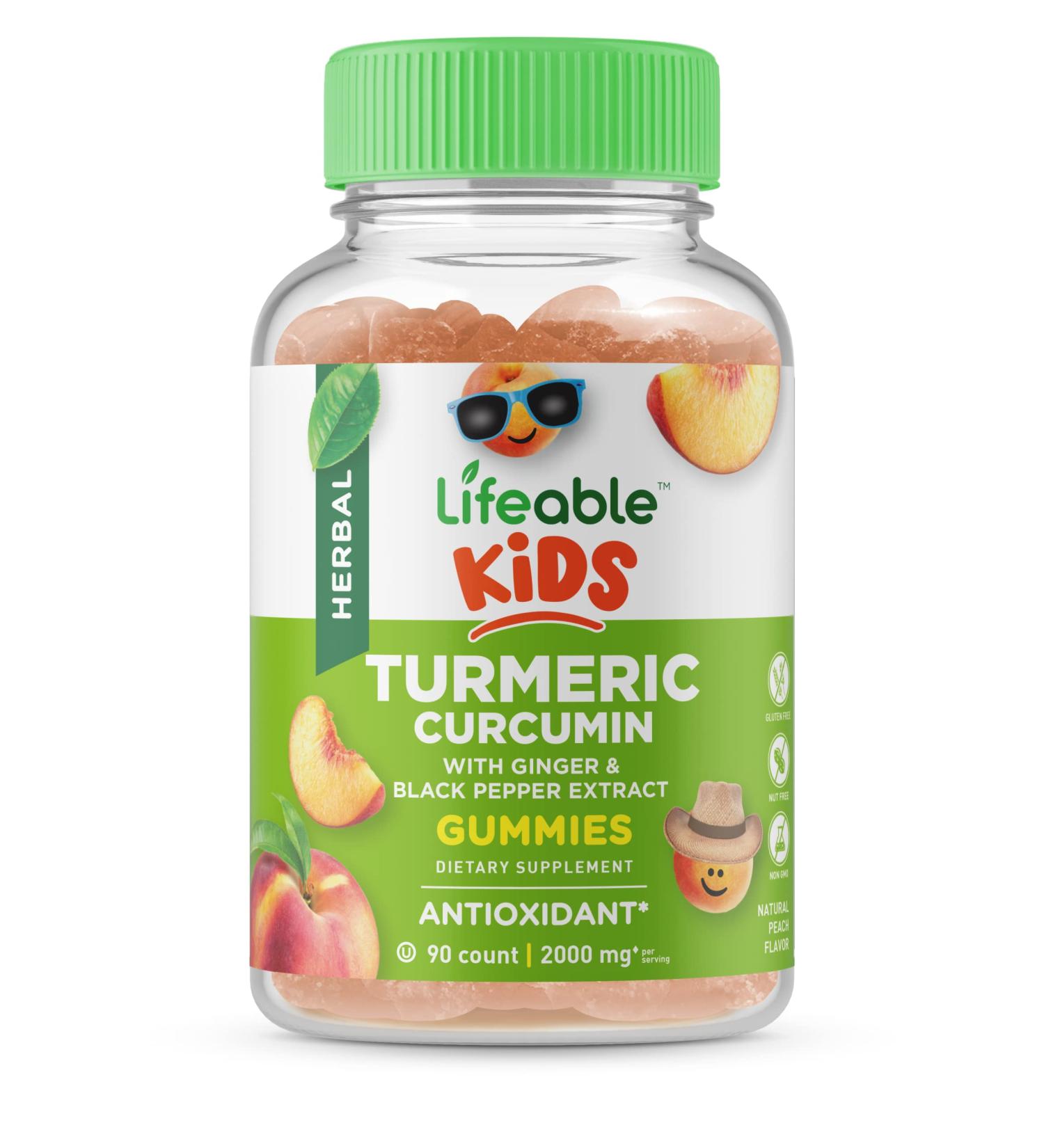 Lifeable Turmeric Curcumin and Ginger for Kids with Black Pepper Extract 2000mg Great Tasting Natural Flavor Gummy Supplement Gluten Free Vegetarian Chewable 90 Gummies - Buy Online on GoSupps.com