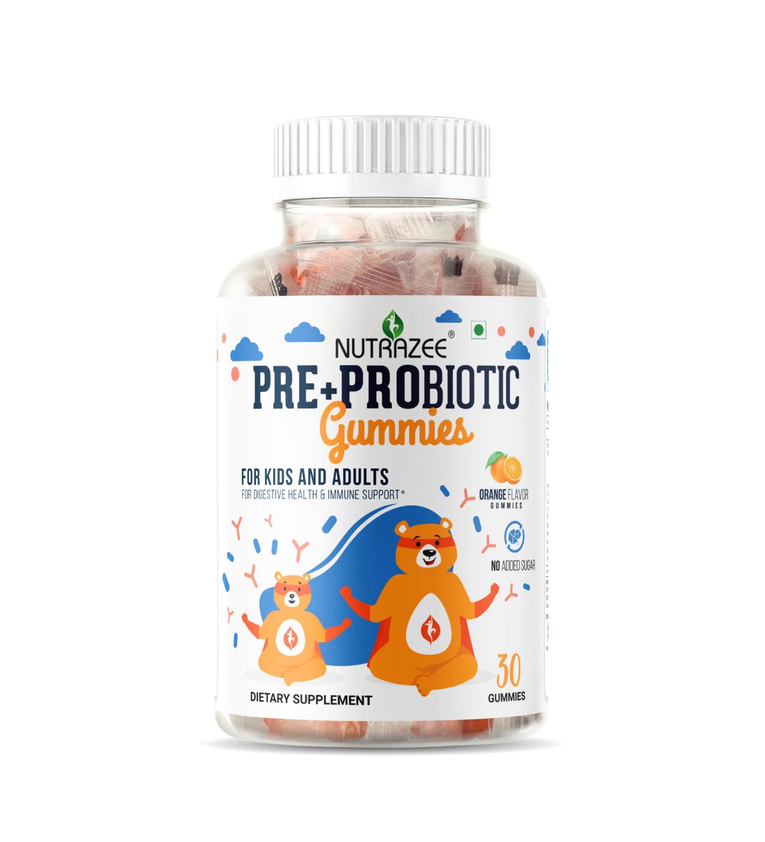 Nutrazee Probiotic Gummies with 2 Billion CFU Prebiotic Fiber Supplement for Kids Men & Women Clinically Validated Strain for Digestion Easy Bowel Movement & Immunity 30 Gummy Bears - Buy Online on GoSupps.com