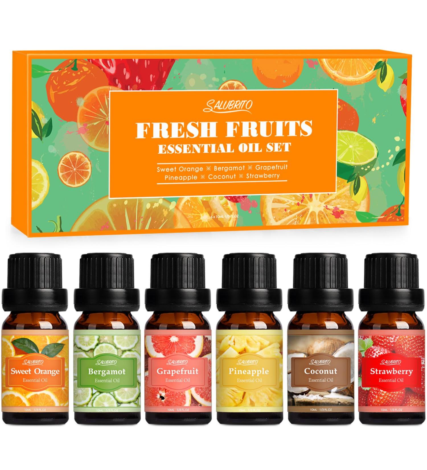 Salubrito Fruit Fragrance Essential Oils Set - 6 x 10ML Aromatherapy Oils for Diffuser, Candle, Soap Making - Sweet Orange, Coconut, Pineapple, Strawberry, Bergamot & More - Buy Online on GoSupps.com