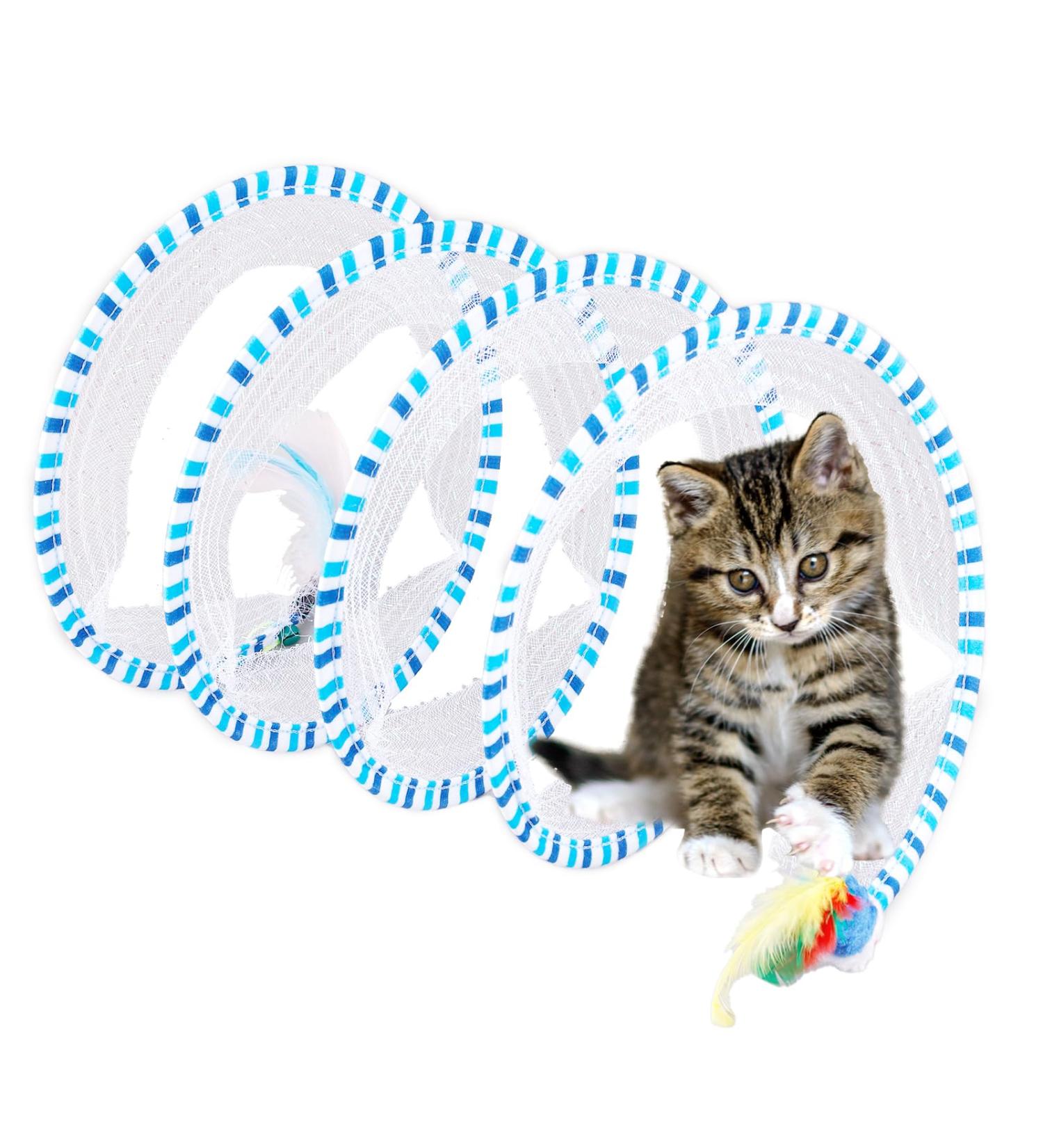 PEUTIER Cat Tunnel Toy 25.6 x 9.8 Inches Folded Cat Tunnel Spring Toy with Feather & Plush Rat S-Shaped Cat Tunnel Tube Toy Collapsible Interactive Cat Toy for Indoor Cats Rabbits Puppies (Blue) - Buy Online on GoSupps.com